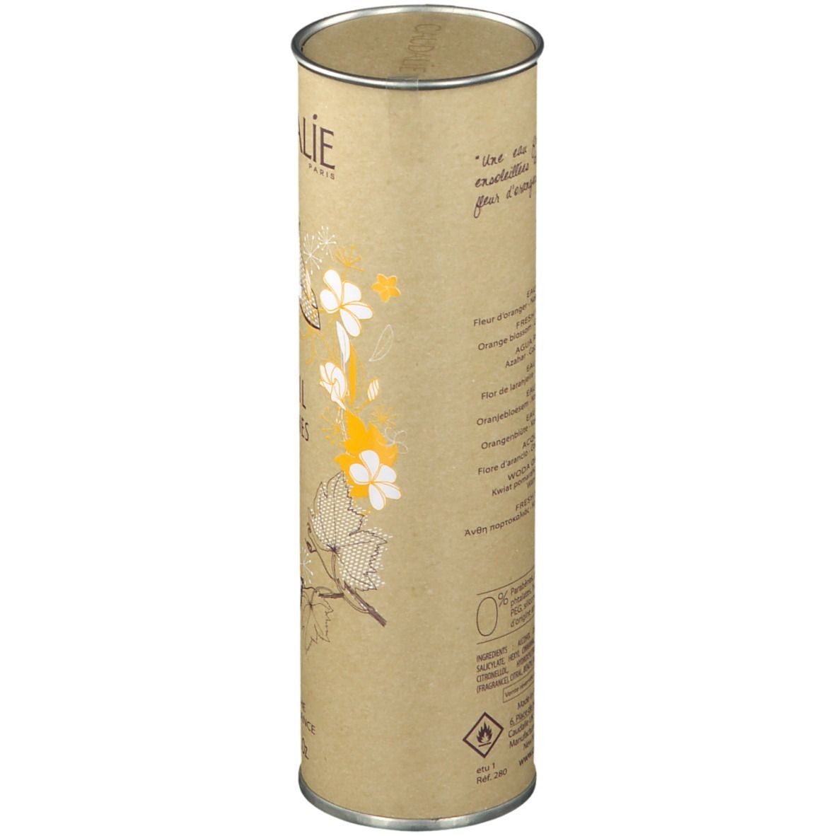 Confezione cilindrica. Scritta: CAUDALIE, Soleil des Vignes. Testo e illustrazioni.