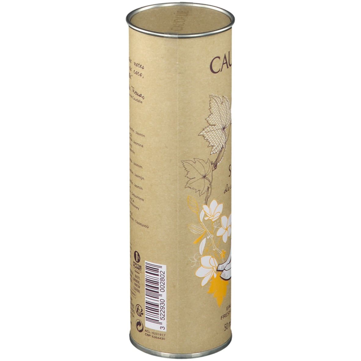 Confezione cilindrica. Scritta: CAUDALIE, Soleil des Vignes. Testo e illustrazioni.