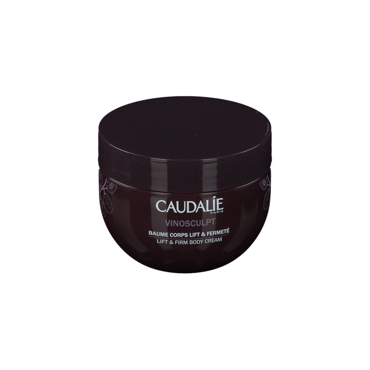 Vaso rotondo con coperchio. Scritta: Caudalie, Vinosculpt, Baume Corps Lift & Fermeté, Lift & Firm Body Cream.