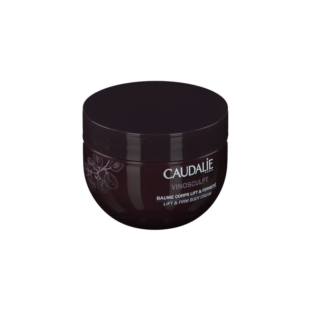 Vaso rotondo con coperchio. Scritta: Caudalie, Vinosculpt, Baume Corps Lift & Fermeté, Lift & Firm Body Cream.