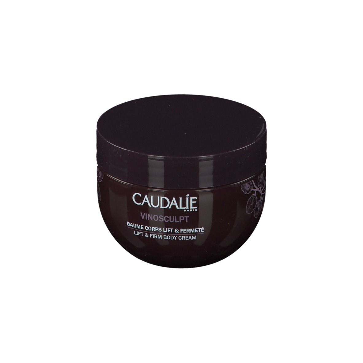 Vaso rotondo con coperchio. Scritta: Caudalie, Vinosculpt, Baume Corps Lift & Fermeté, Lift & Firm Body Cream.