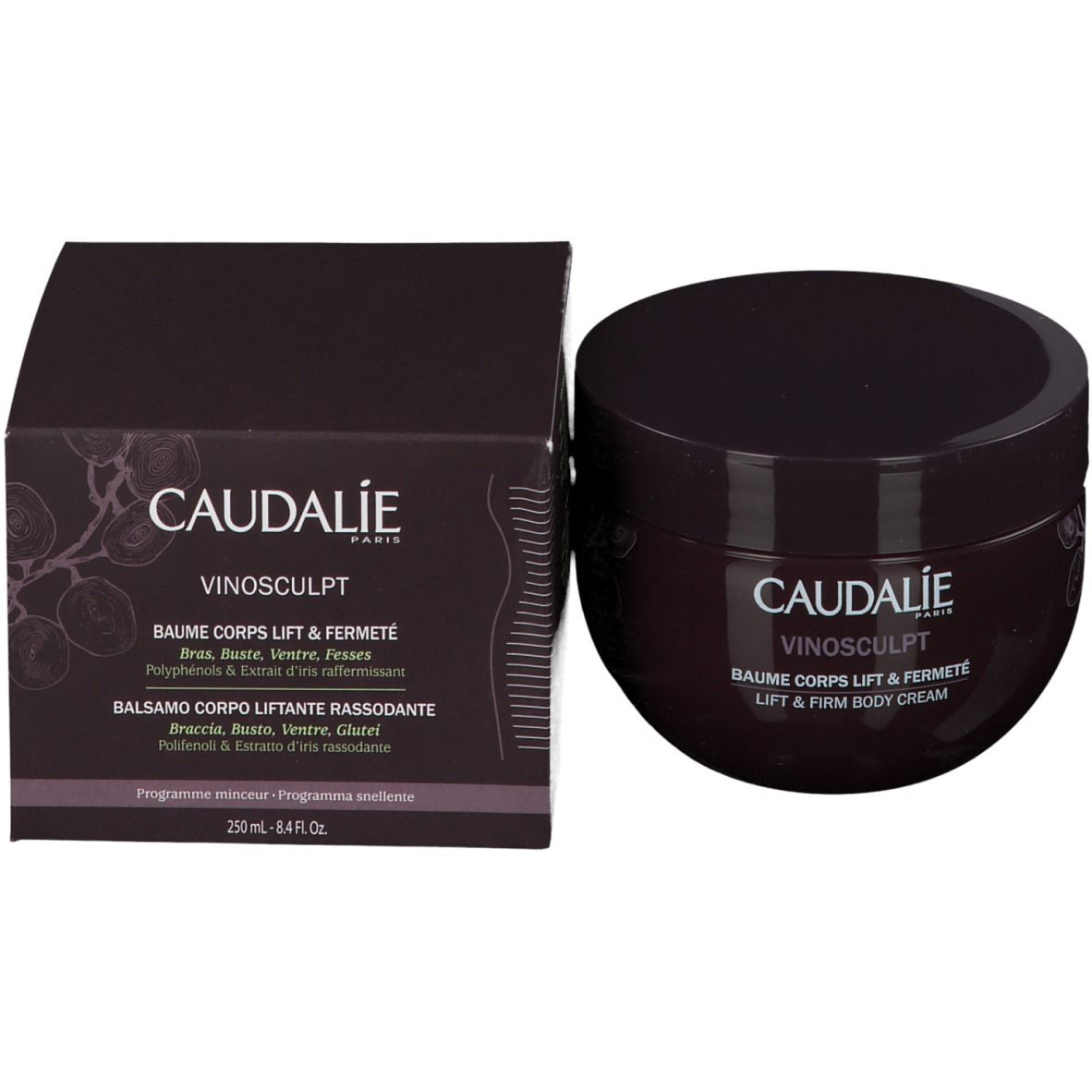 Vaso e confezione. Scritta: Caudalie, Vinosculpt, Baume Corps Lift & Fermeté, 250 ml.