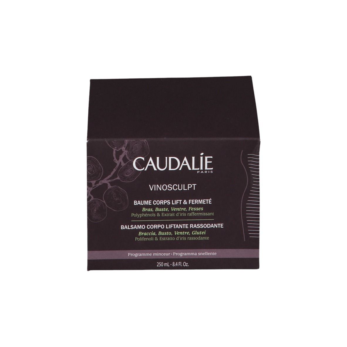 Confezione del prodotto. Scritta: Caudalie, Vinosculpt, Baume Corps Lift & Fermeté, 250 ml.
