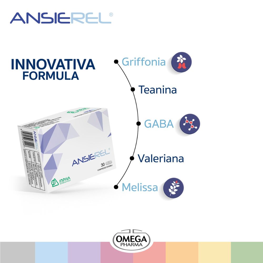 Schachtel "Ansierel" neben einer Grafik mit Inhaltsstoffen: Griffonia, Teanina, GABA, Valeriana, Melissa.