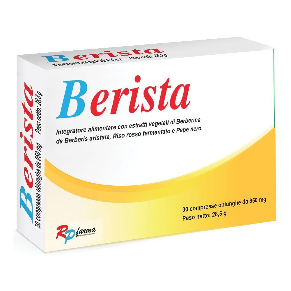 Scatola "Berista" con 30 compresse. Testo: Integratore alimentare con estratti vegetali. Marchio RP farma.