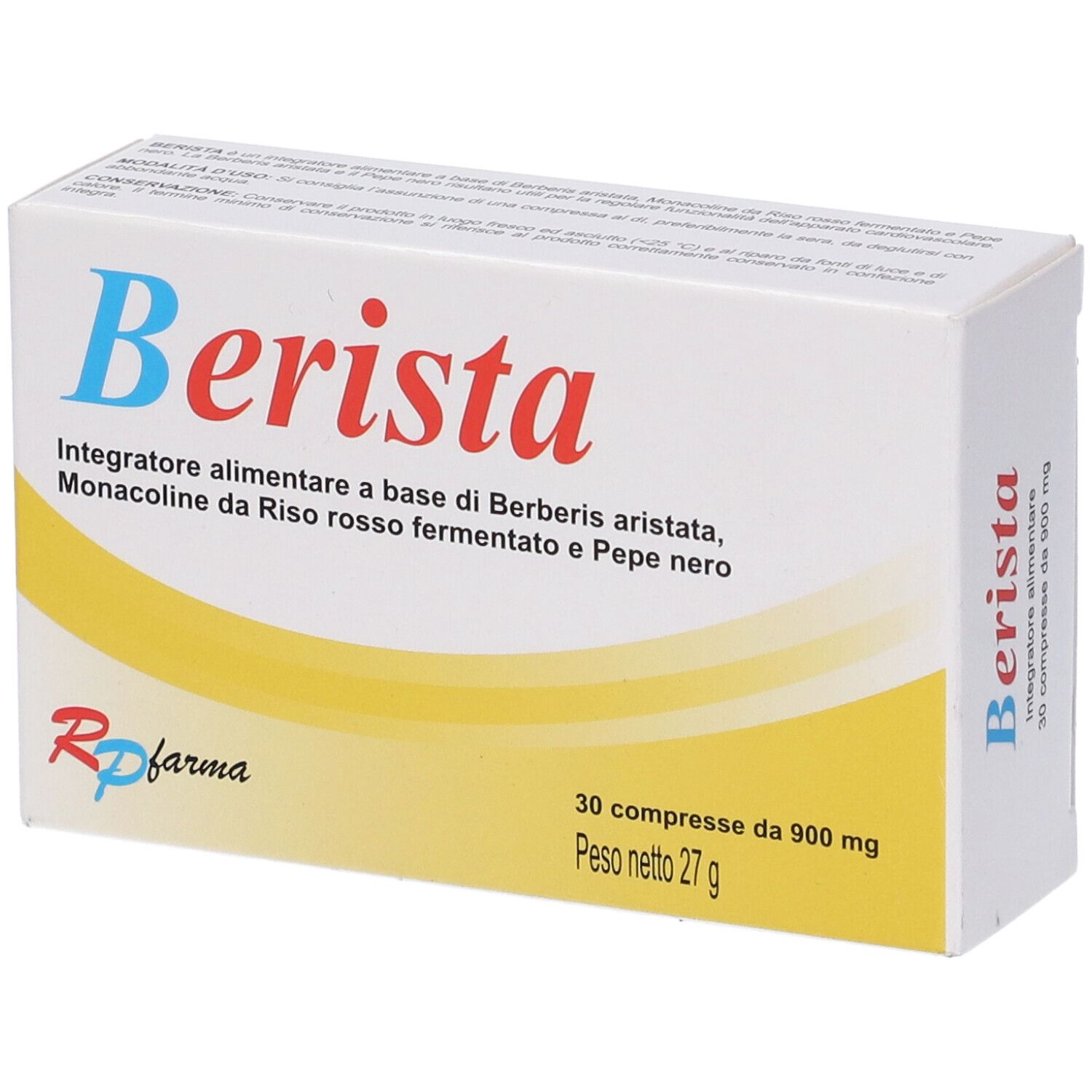 Scatola "Berista" con 30 compresse. Testo: Integratore alimentare a base di Berberis aristata, Monacoline da Riso rosso fermentato e Pepe nero. Marchio RP farma.