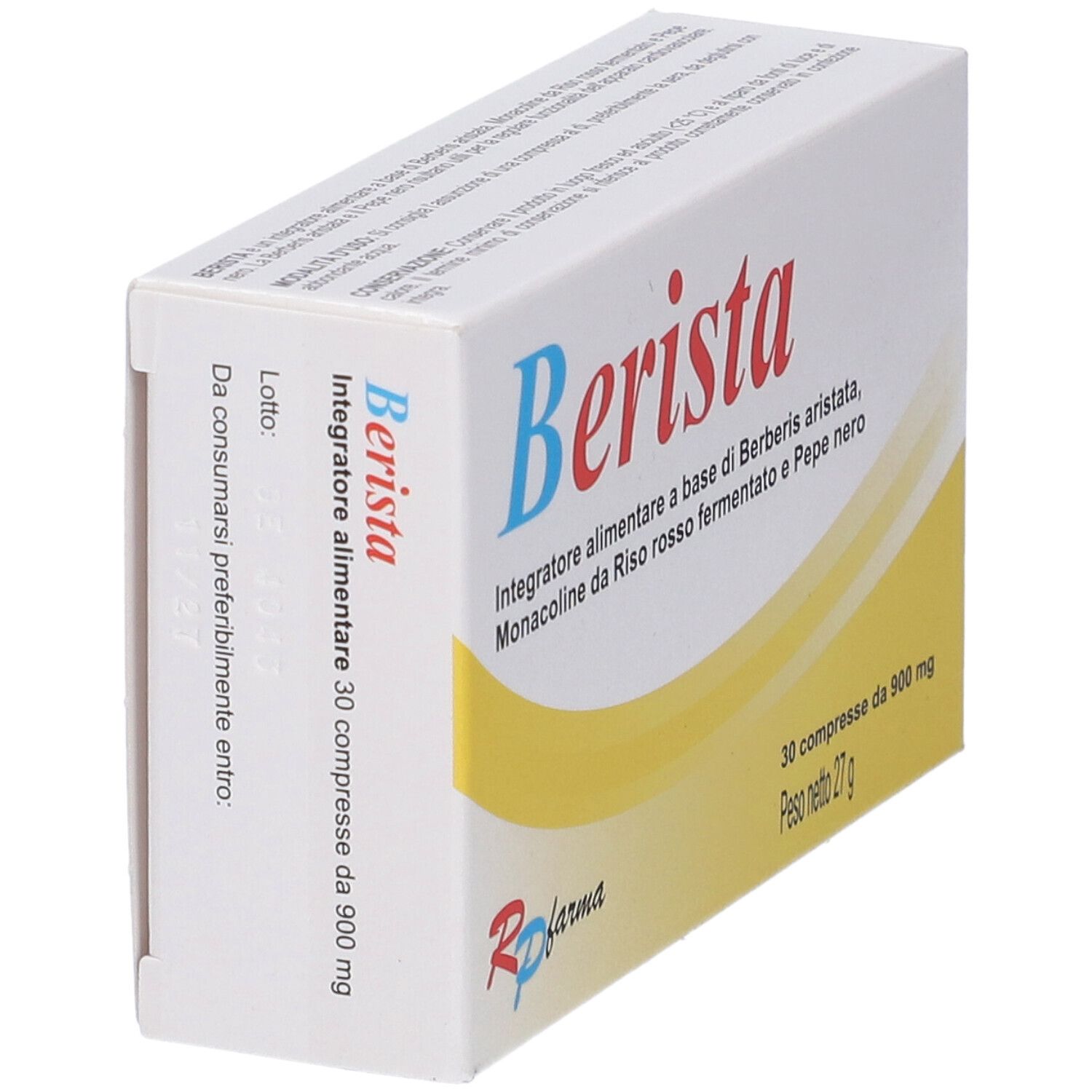 Scatola "Berista" con 30 compresse. Testo: Integratore alimentare a base di Berberis aristata, Monacoline da Riso rosso fermentato e Pepe nero. Marchio RP farma.
