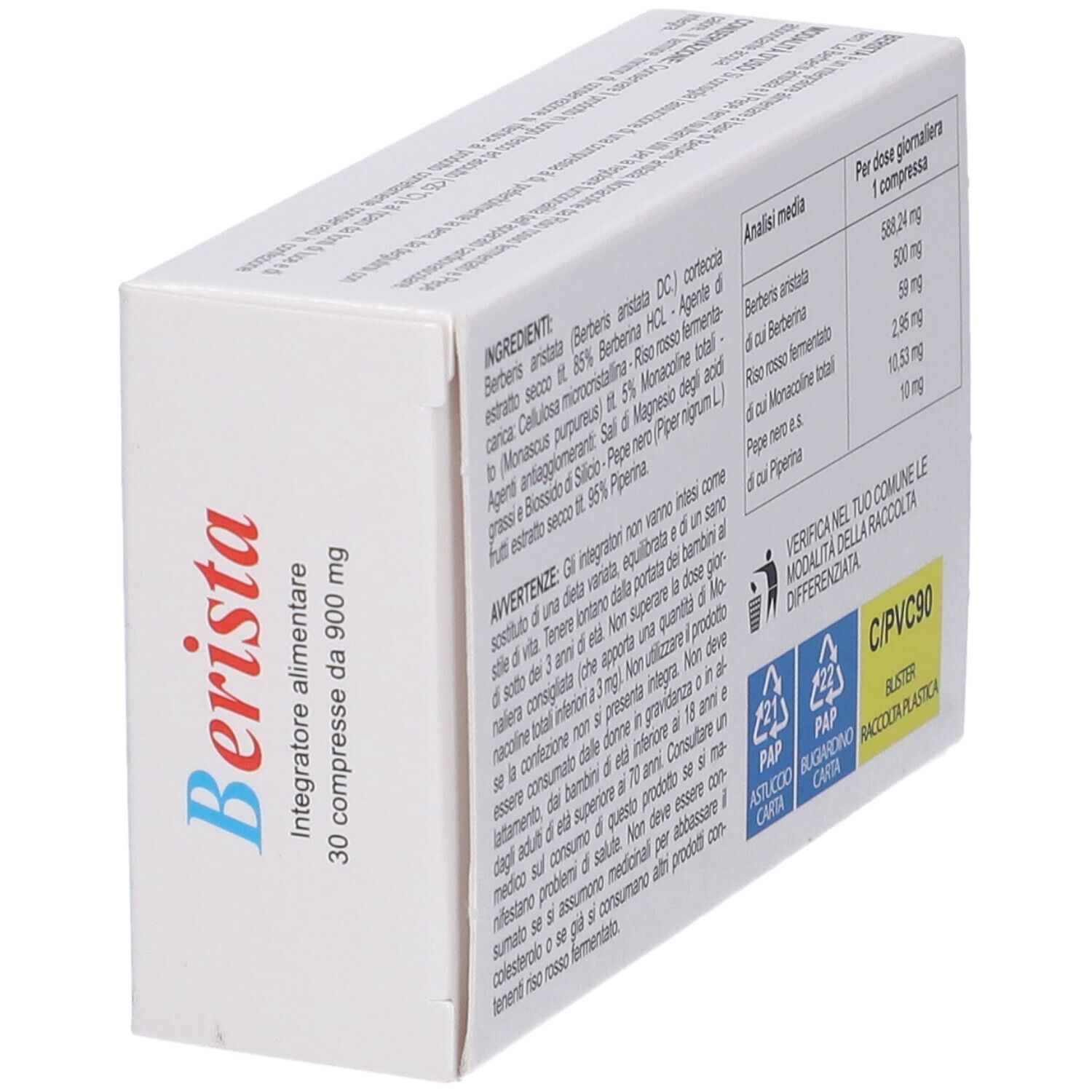 Scatola "Berista" con 30 compresse. Testo: Integratore alimentare a base di Berberis aristata, Monacoline da Riso rosso fermentato e Pepe nero. Marchio RP farma.