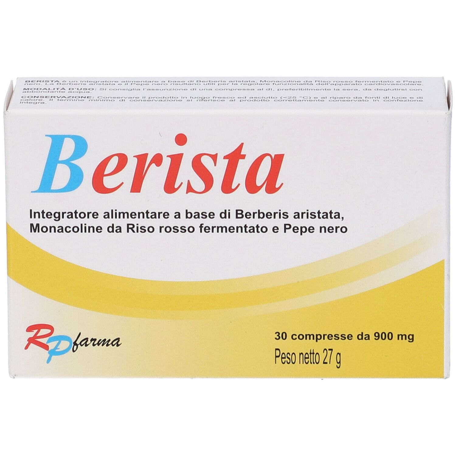 Scatola "Berista" con 30 compresse. Testo: Integratore alimentare a base di Berberis aristata, Monacoline da Riso rosso fermentato e Pepe nero. Marchio RP farma.
