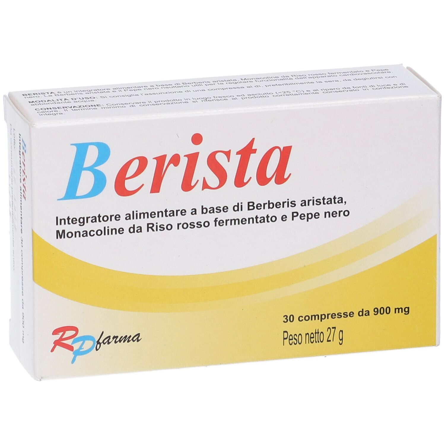 Scatola "Berista" con 30 compresse. Testo: Integratore alimentare a base di Berberis aristata, Monacoline da Riso rosso fermentato e Pepe nero. Marchio RP farma.