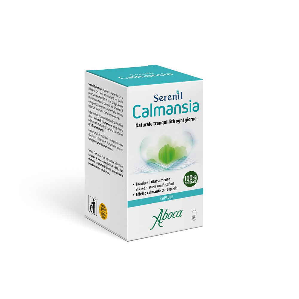 Scatola bianca con nome e logo del prodotto. Testo: Serenil Calmansia, Naturale tranquillità ogni giorno. Aboca.