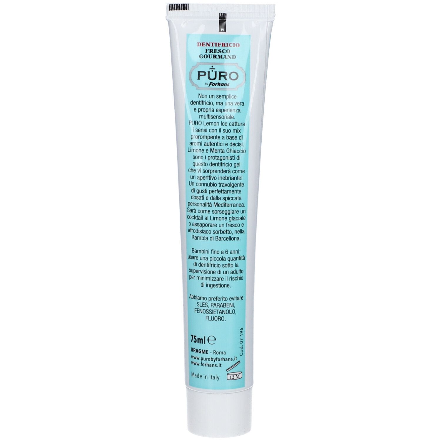 Rückseite der Zahnpasta-Tube. Text in mehreren Sprachen, darunter "Puro Lemon Ice".