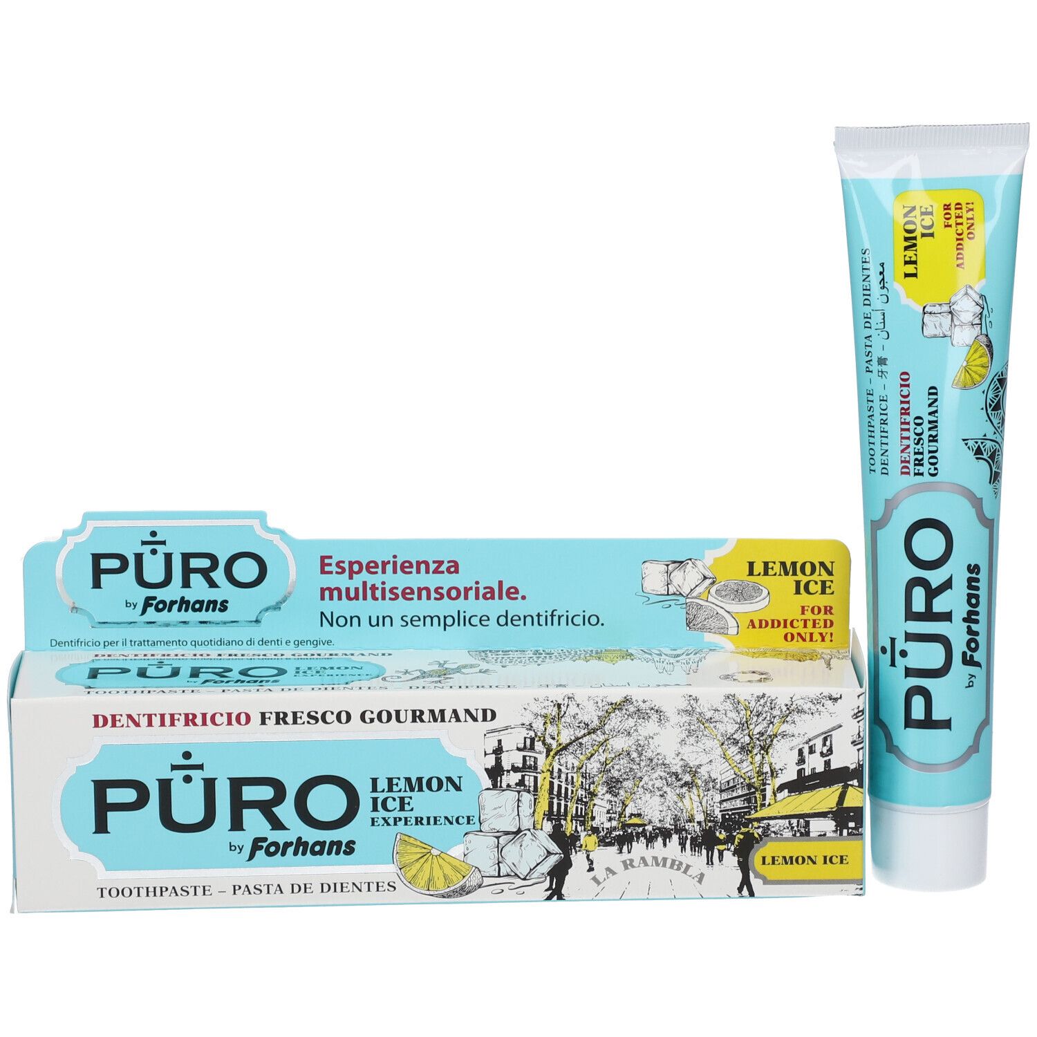 Zahnpasta-Tube und -Verpackung. Hellblau, mit Schriftzug "Puro by Forhans" und "Lemon Ice".