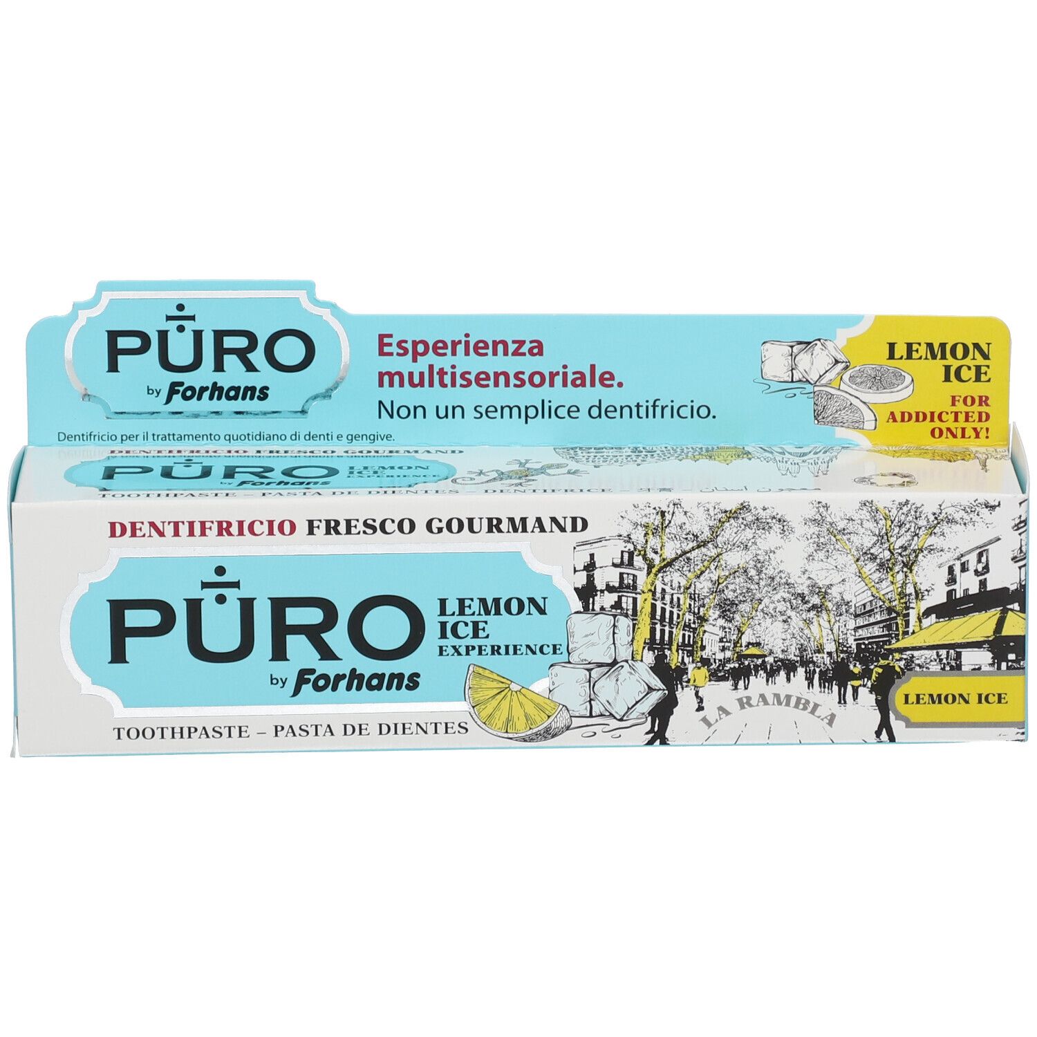 Verpackung von Zahnpasta. Hellblau, mit Schriftzug "Puro by Forhans" und "Lemon Ice".