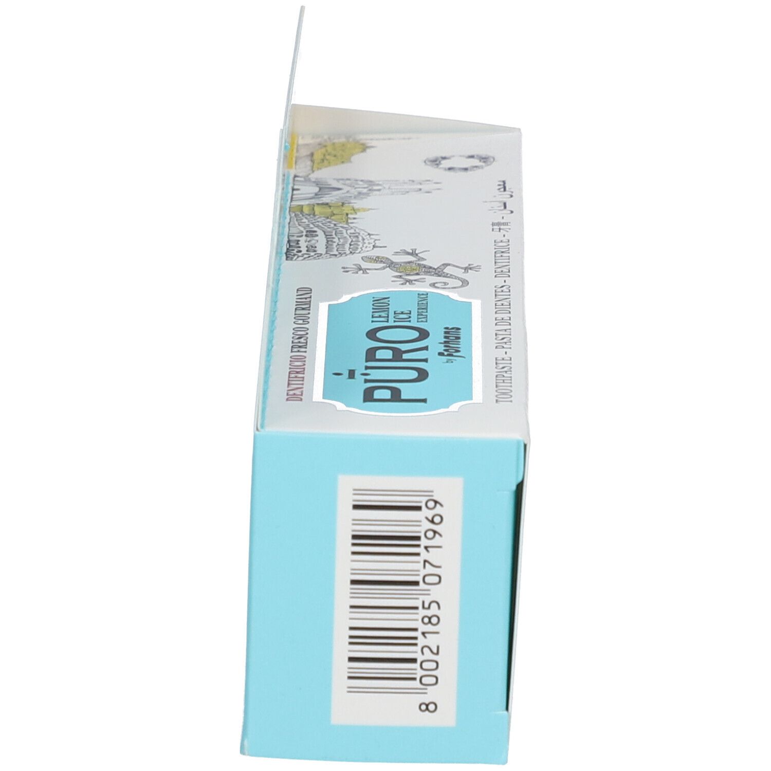Seitenansicht der Zahnpasta-Verpackung. Hellblau, mit Barcode und Schriftzug "Puro".