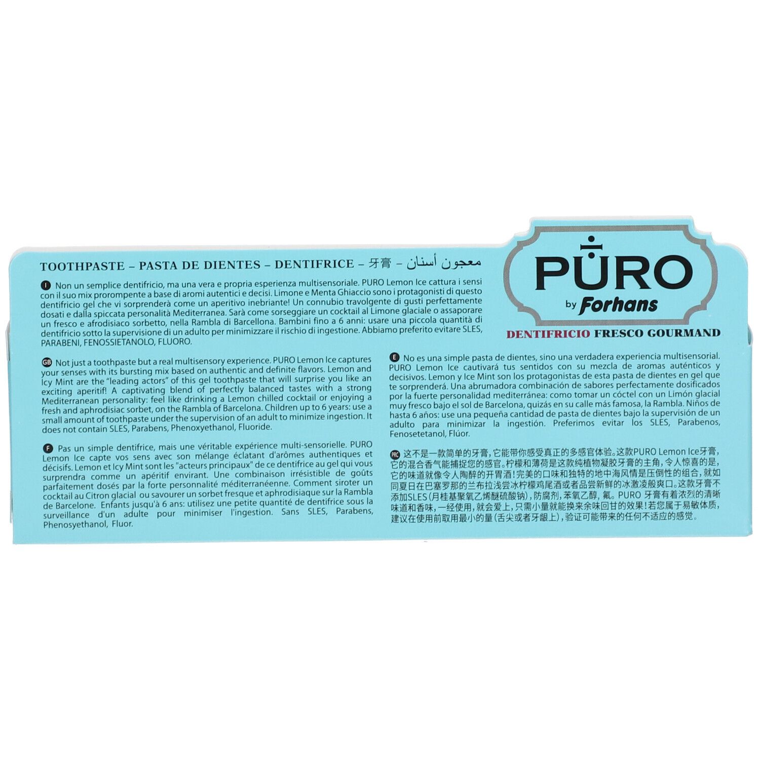 Rückseite der Zahnpasta-Verpackung. Text in mehreren Sprachen, darunter "Puro Lemon Ice".