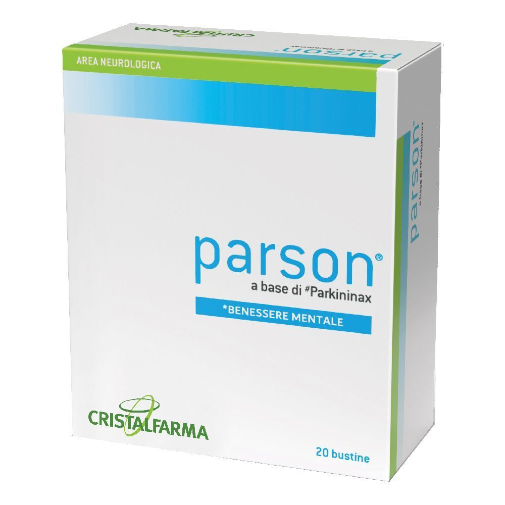 Confezione di Parson, bianca con blu e verde. Scritta 'parson' e 'CRISTALFARMA'. Contiene 20 bustine.