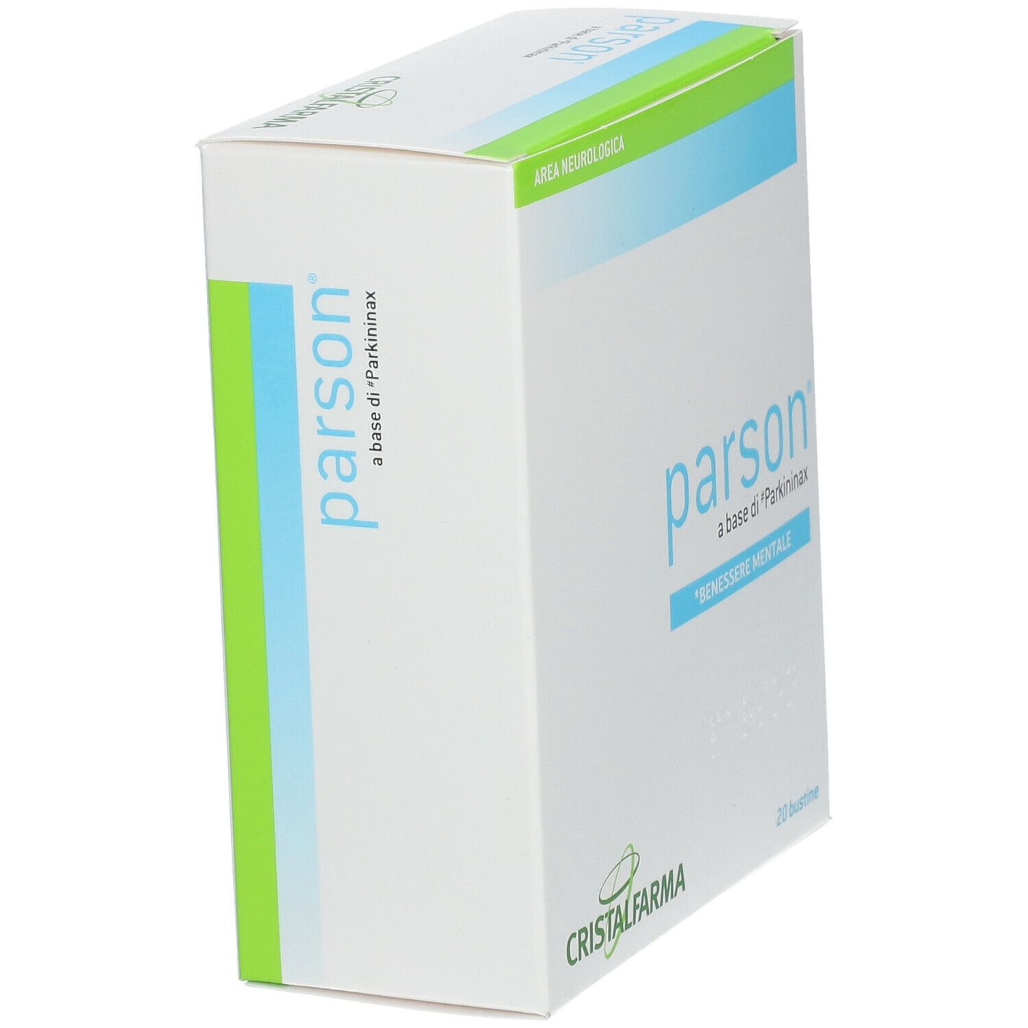 Confezione di Parson, bianca con blu e verde. Scritta 'parson' e 'CRISTALFARMA'. Contiene 20 bustine.