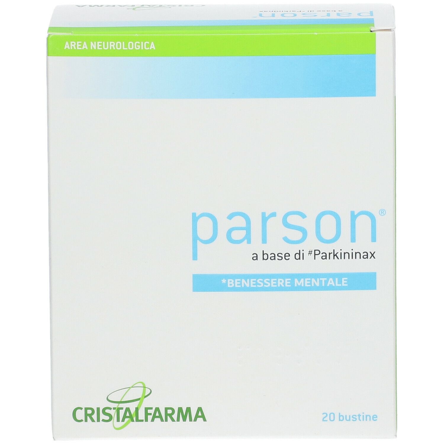 Confezione di Parson, bianca con blu e verde. Scritta 'parson' e 'CRISTALFARMA'. Contiene 20 bustine.