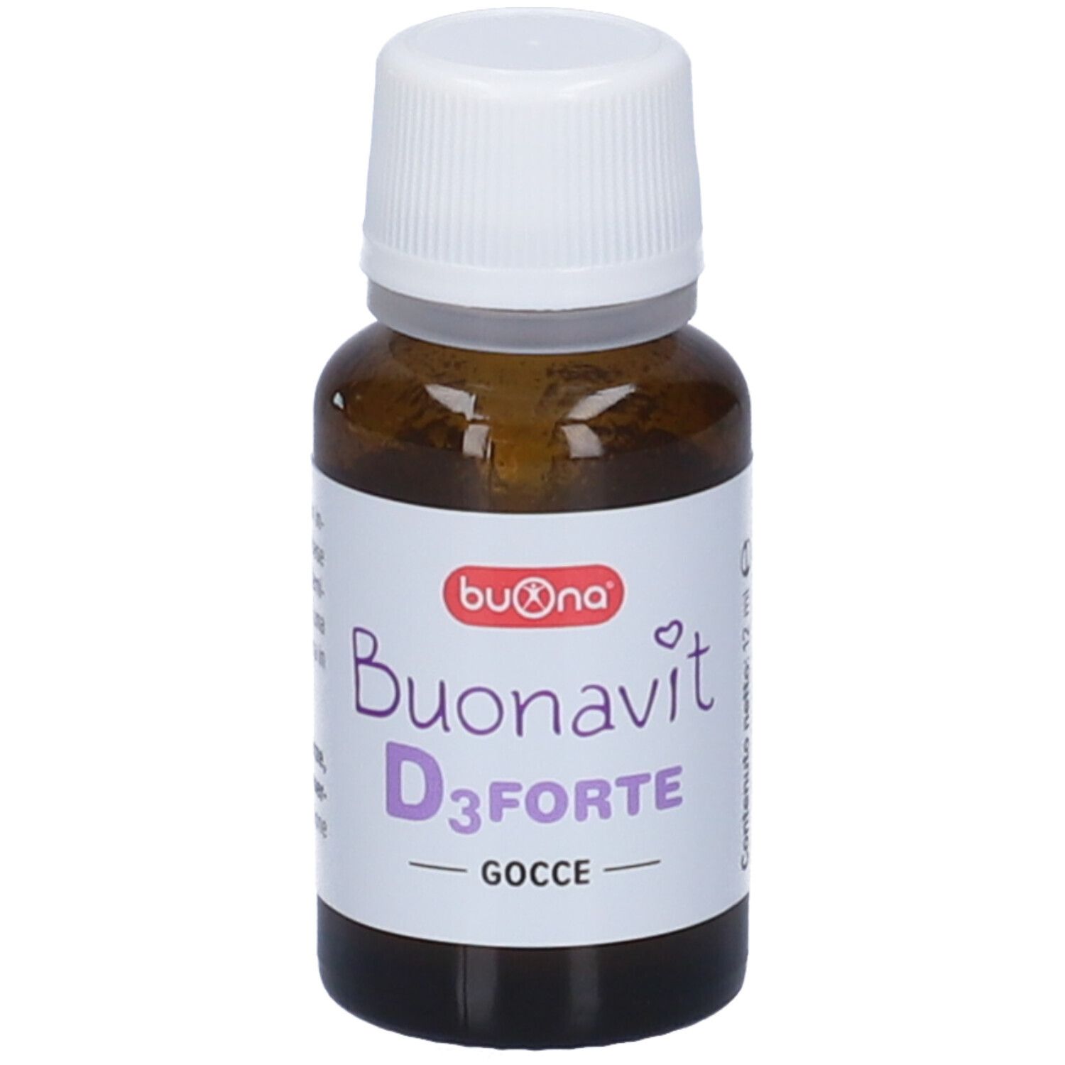 Flacone di gocce Buonavit D3 Forte. Flacone in vetro marrone con tappo bianco ed etichetta con nome del prodotto.