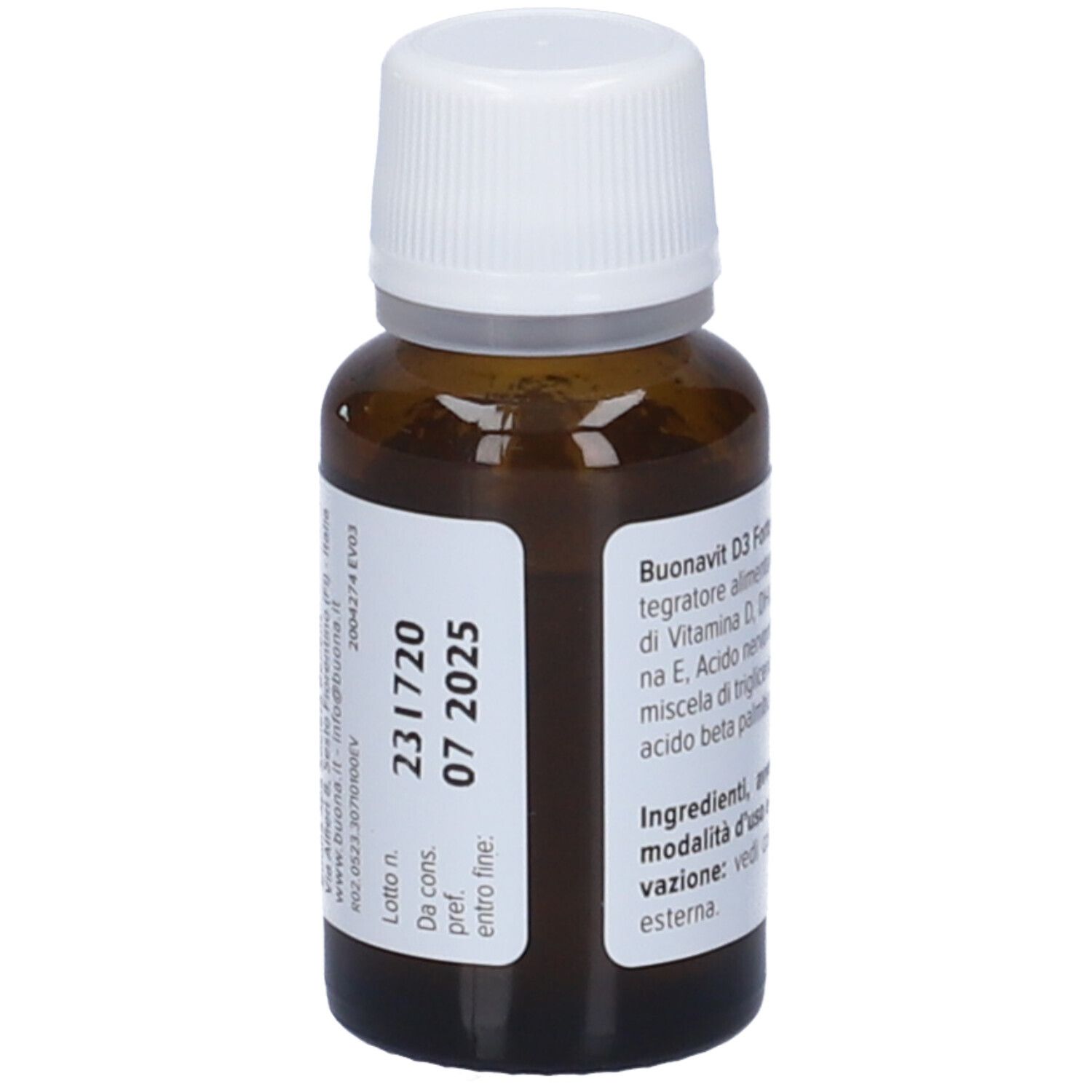Flacone di gocce Buonavit D3 Forte. Flacone in vetro marrone con tappo bianco. Etichetta con data di scadenza.