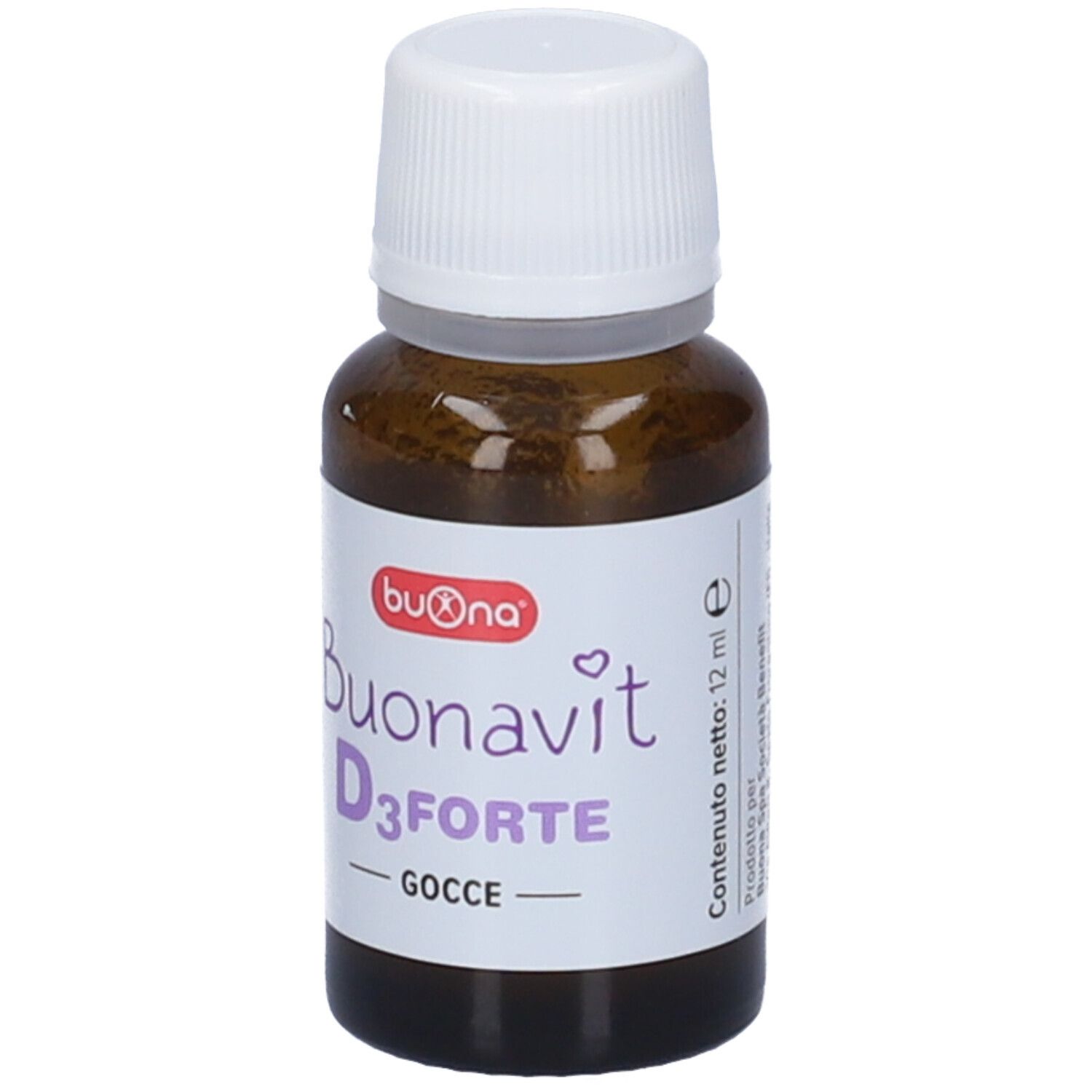 Flacone di gocce Buonavit D3 Forte. Flacone in vetro marrone con tappo bianco ed etichetta con nome del prodotto.