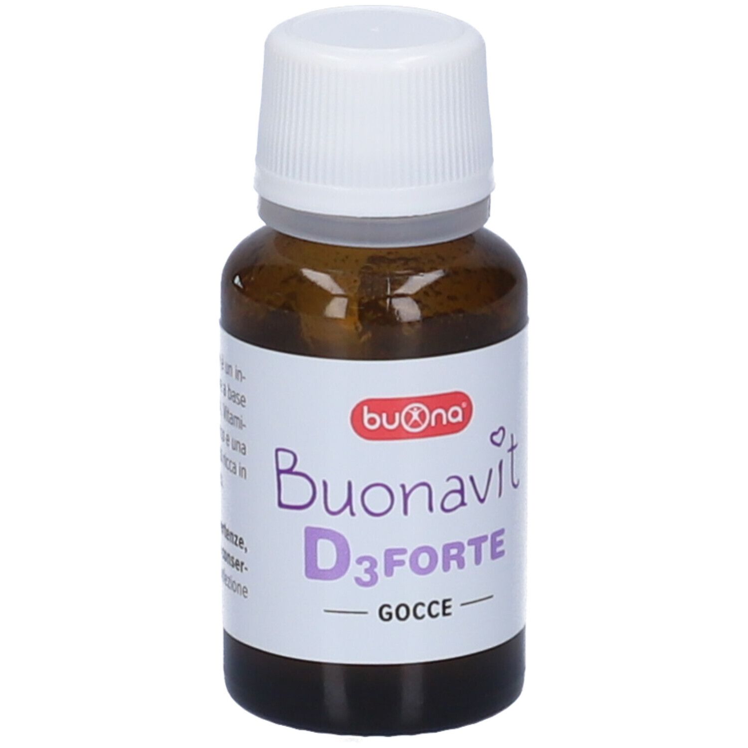 Flacone di gocce Buonavit D3 Forte. Flacone in vetro marrone con tappo bianco ed etichetta con nome del prodotto.