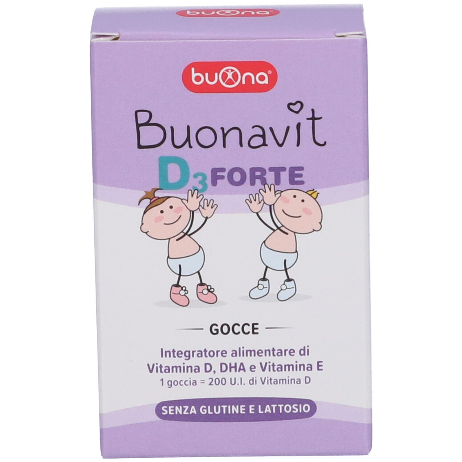 Confezione Buonavit D3 Forte. Scatola con nome del prodotto, illustrazioni e informazioni sul prodotto.
