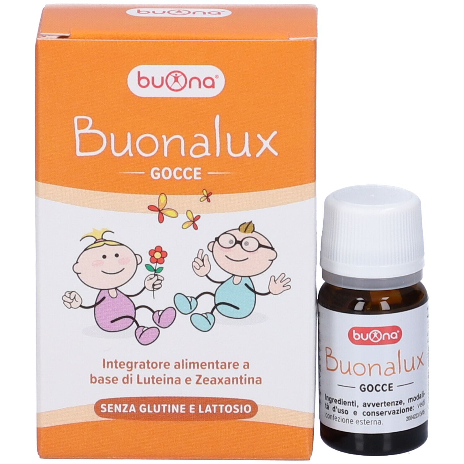 Flacone contagocce marrone e scatola. Sulla scatola, BuonaLux, gocce. Sul flacone, BuonaLux, gocce.