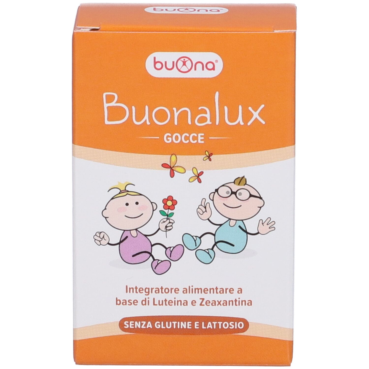 Scatola con BuonaLux, gocce. Sulla scatola, BuonaLux, gocce. La scatola mostra bambini.