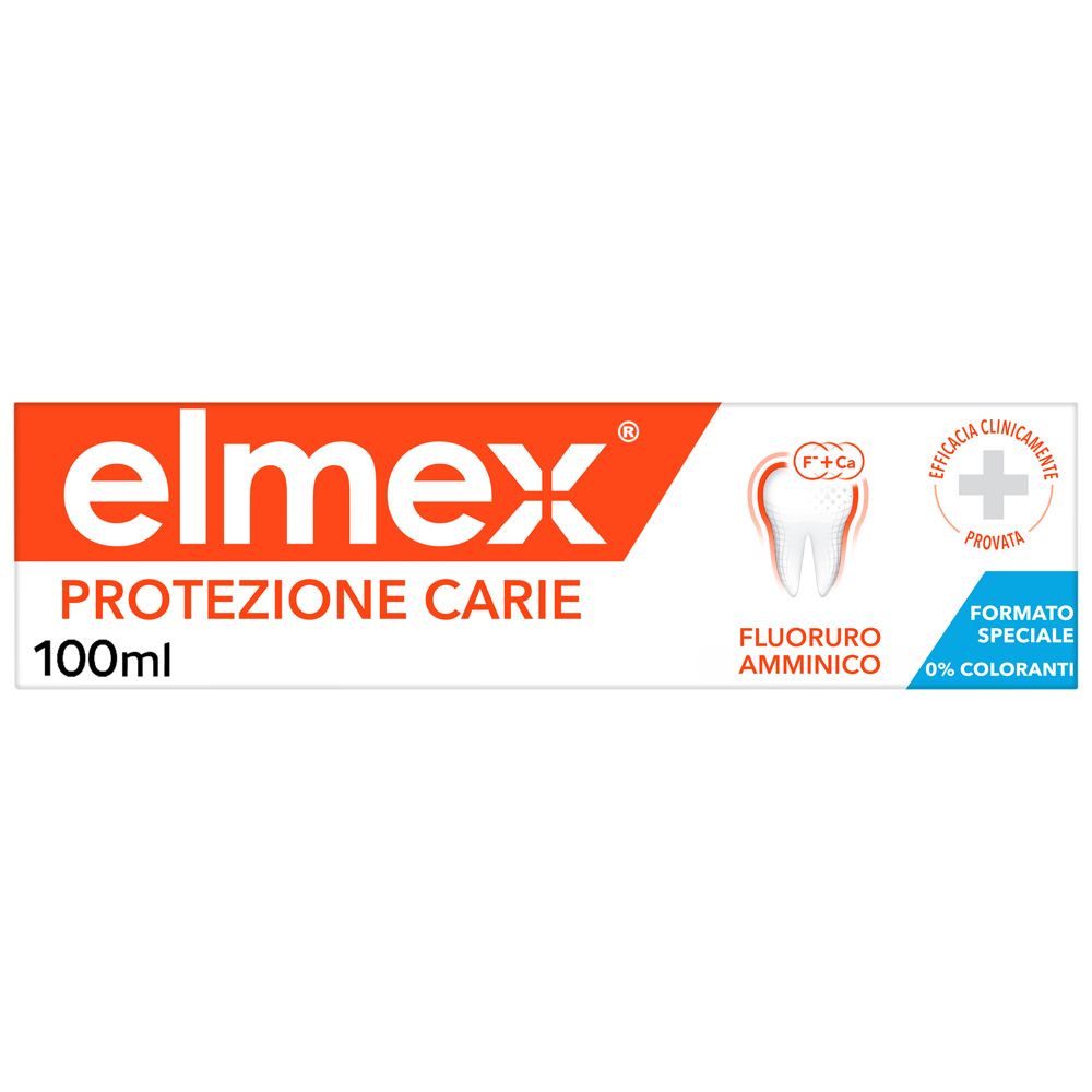 Tubo di dentifricio Elmex Protezione Carie. Arancione e bianco. Contiene: Protezione Carie, 100ml, Fluoruro amminico, 0% coloranti.