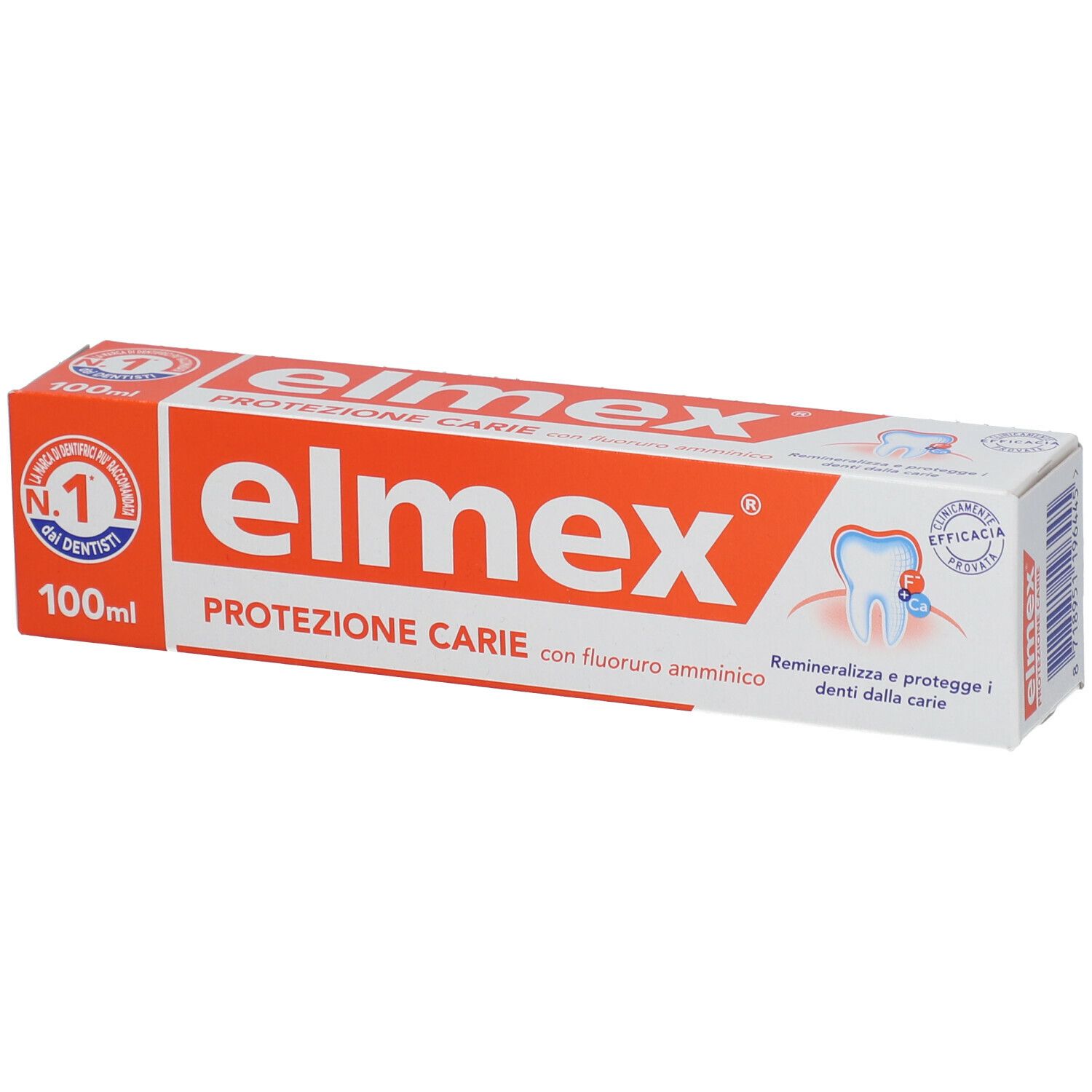Dentifricio Elmex Protezione Carie e confezione. Arancione e bianco. Contiene: Protezione Carie, 100ml, Fluoruro amminico.