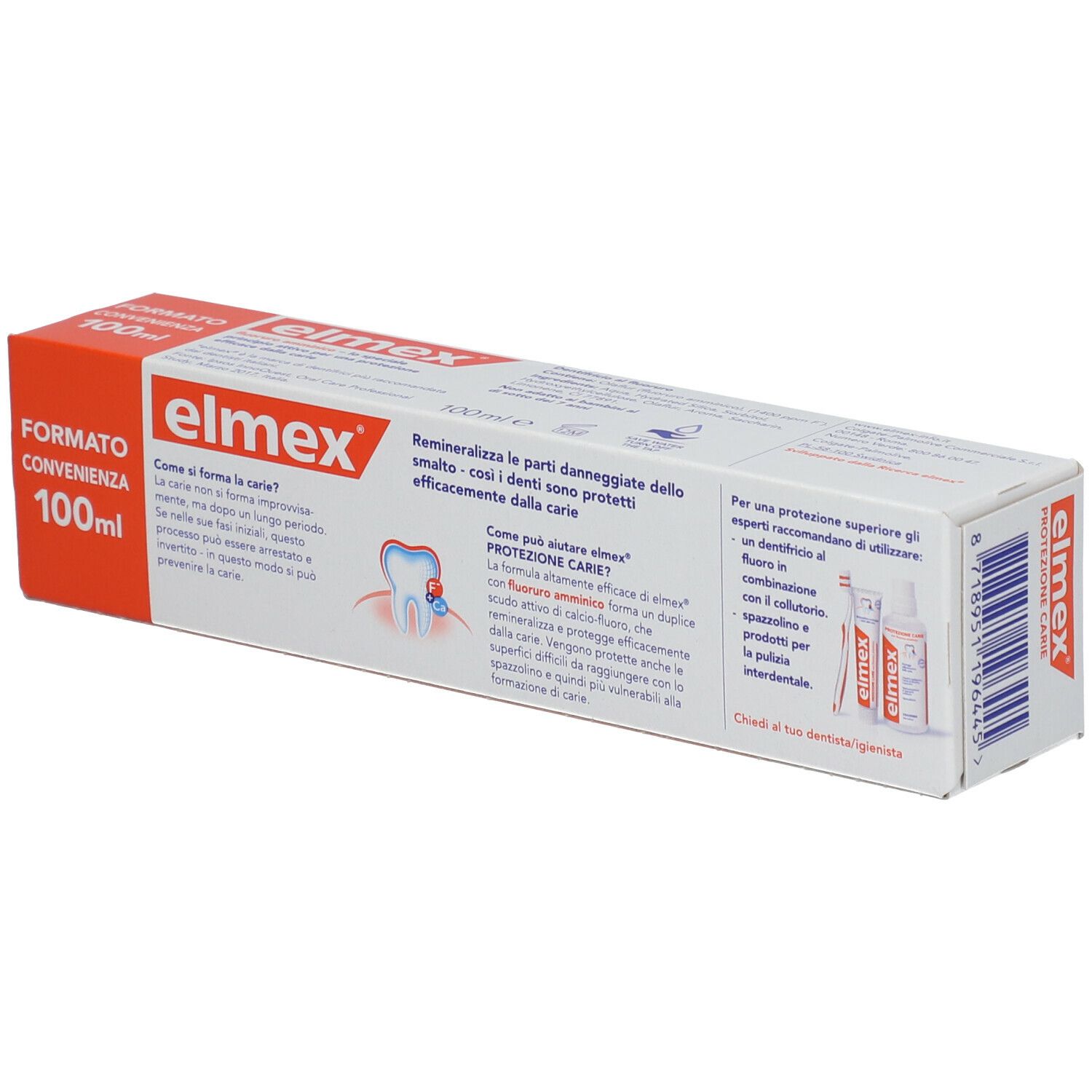 Confezione Elmex Protezione Carie. Arancione e bianco. Contiene: Protezione Carie, 100ml, Fluoruro amminico.