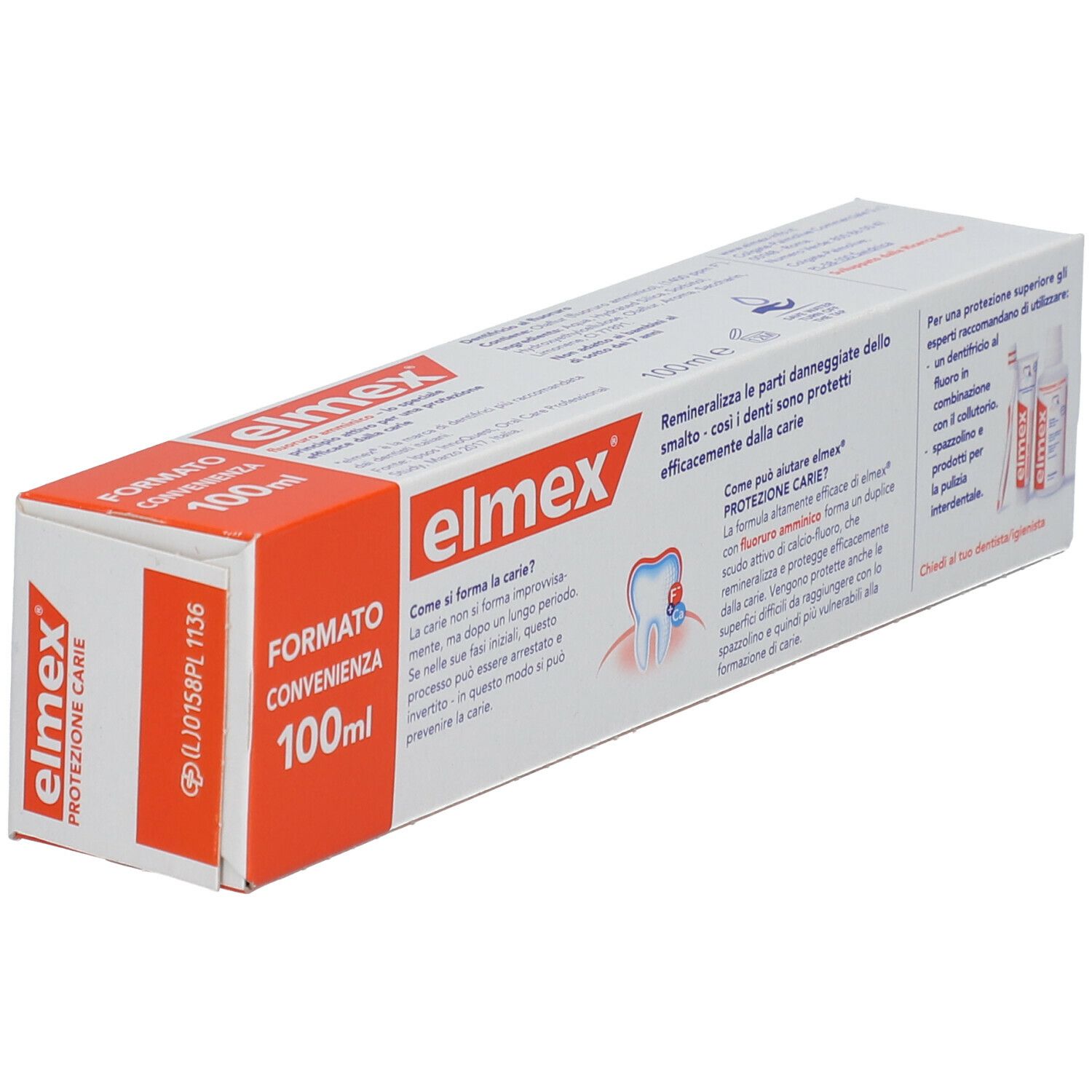 Confezione Elmex Protezione Carie. Arancione e bianco. Contiene: Protezione Carie, 100ml, Fluoruro amminico.