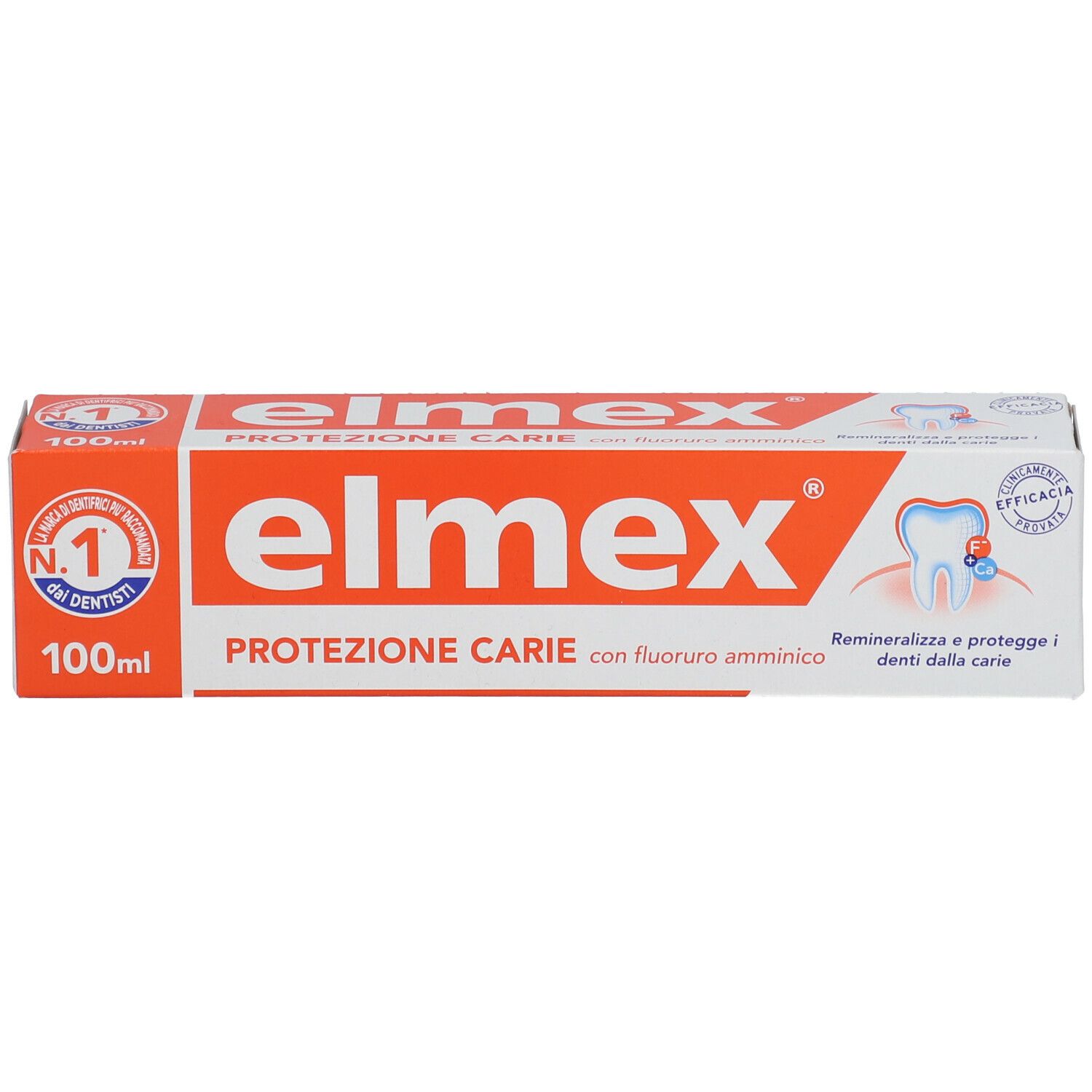 Confezione Elmex Protezione Carie. Arancione e bianco. Contiene: Protezione Carie, 100ml, Fluoruro amminico.