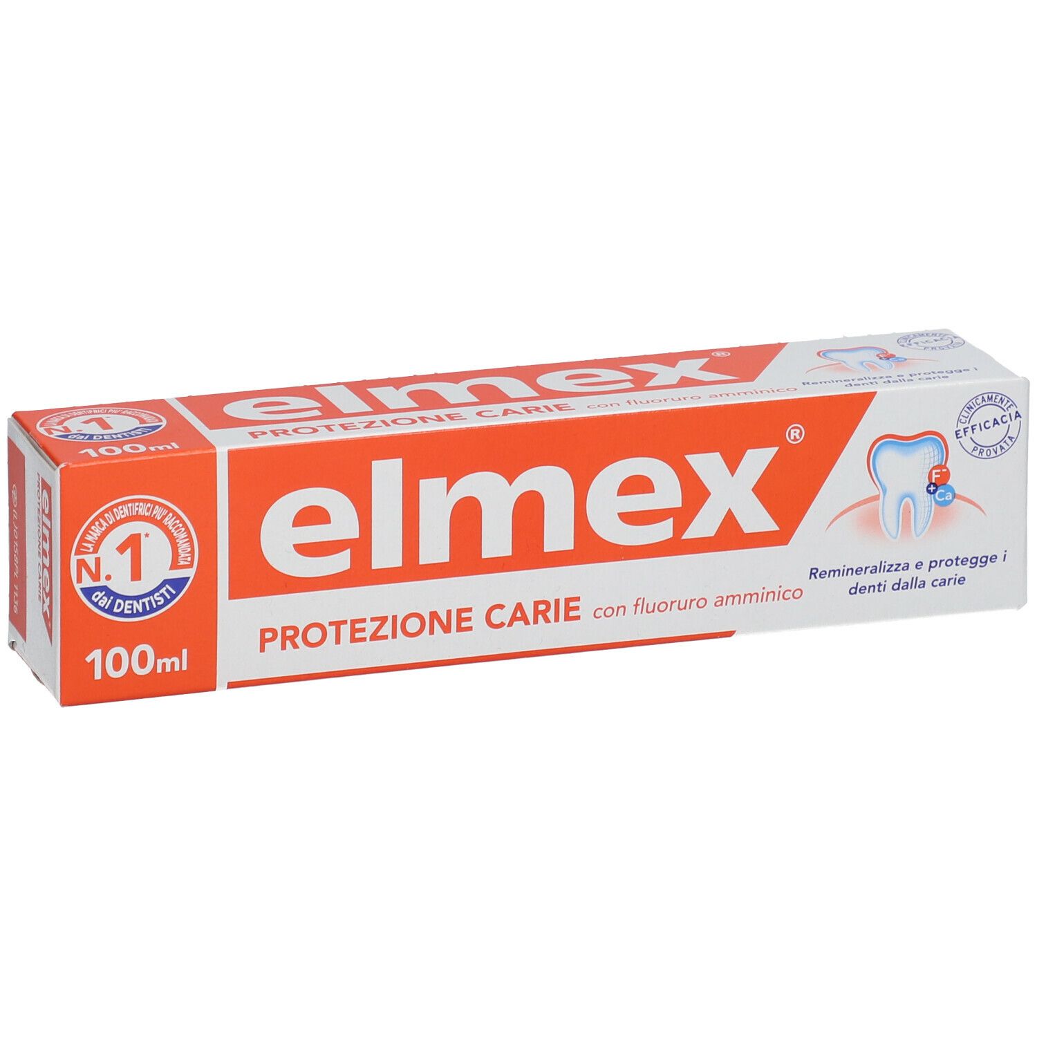 Confezione Elmex Protezione Carie. Arancione e bianco. Contiene: Protezione Carie, 100ml, Fluoruro amminico.