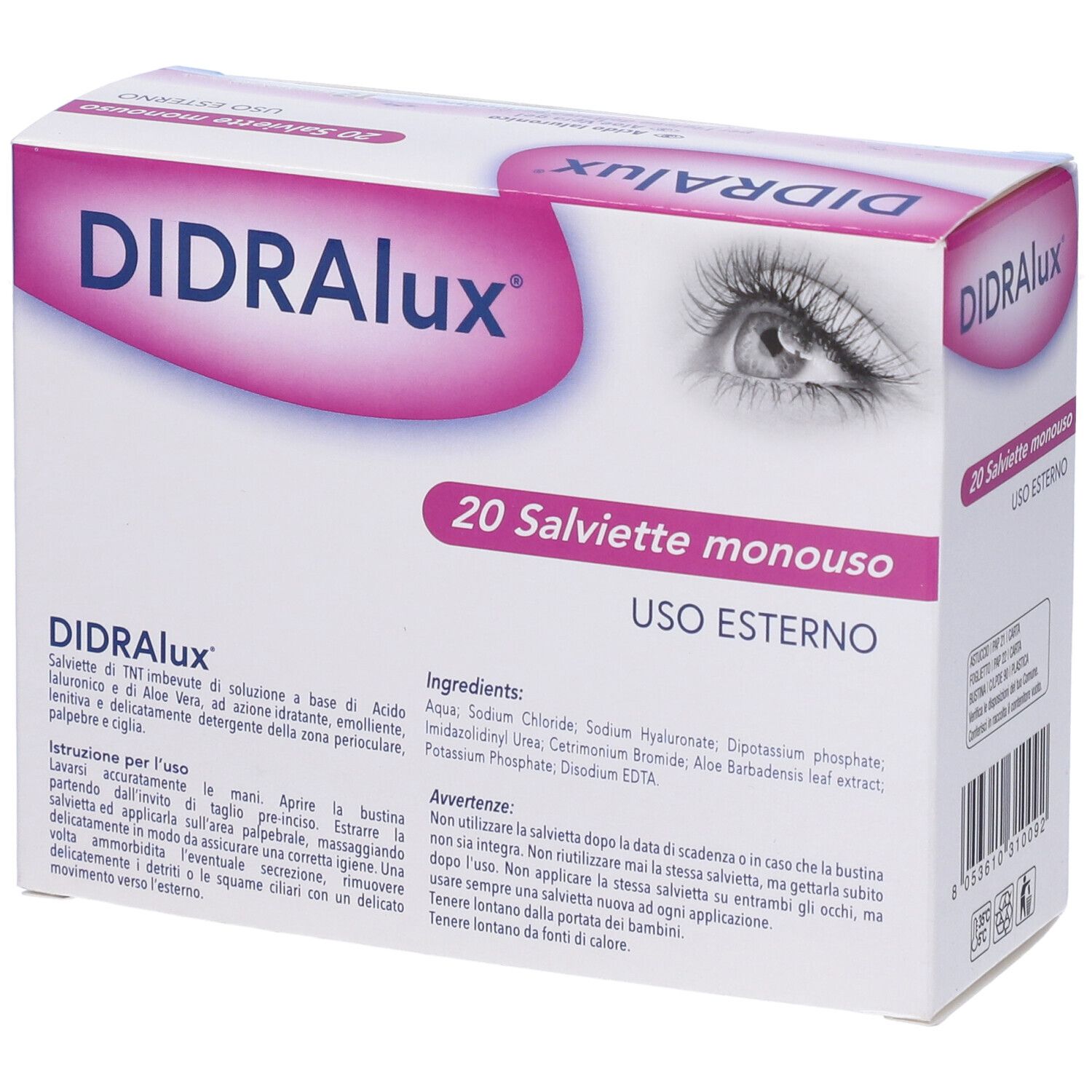 DIDRALux Verpackung mit 20 einzeln verpackten Augen-Reinigungstüchern.