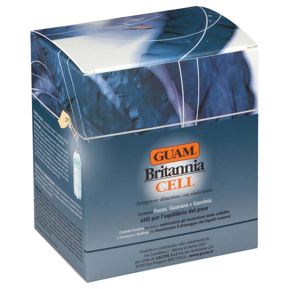 Scatola GUAM Britannia CELL. Scritto: Integratore alimentare con edulcoranti. Contiene Fucus, Guarana e Garcinia.