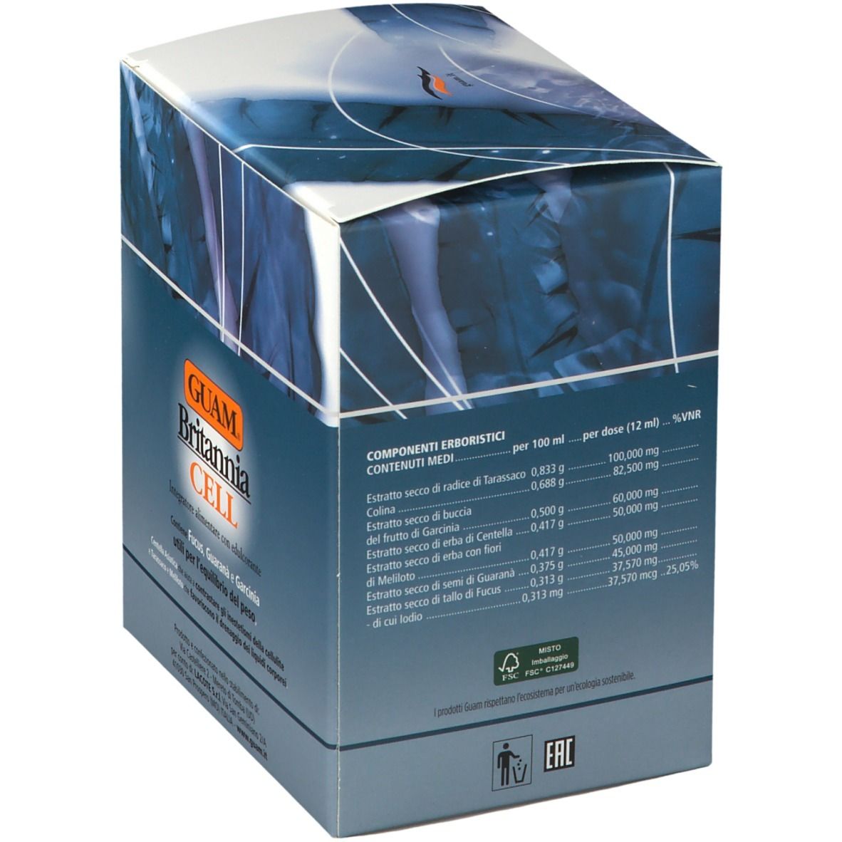 Scatola GUAM Britannia CELL. Retro con informazioni sugli ingredienti. Scritto: Integratore alimentare con edulcoranti.