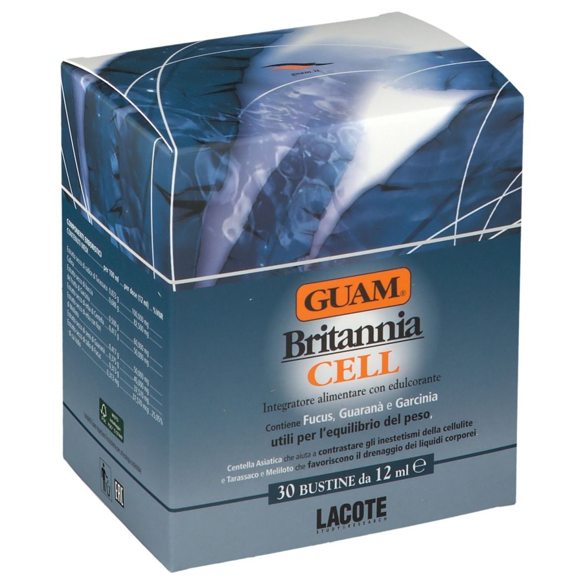 Scatola GUAM Britannia CELL. Scritto: Integratore alimentare con edulcoranti. Contiene Fucus, Guarana e Garcinia.