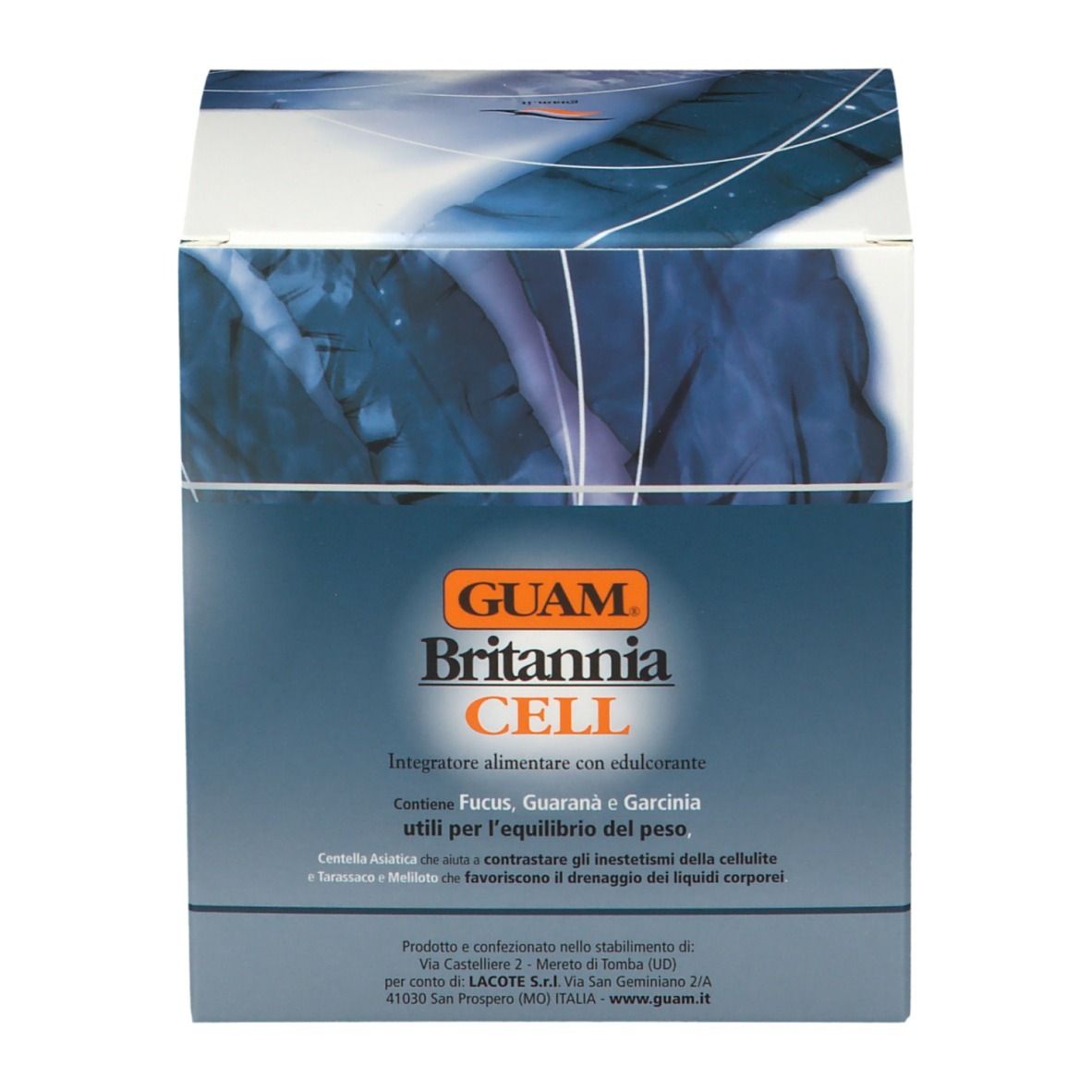 Scatola GUAM Britannia CELL. Scritto: Integratore alimentare con edulcoranti. Contiene Fucus, Guarana e Garcinia.