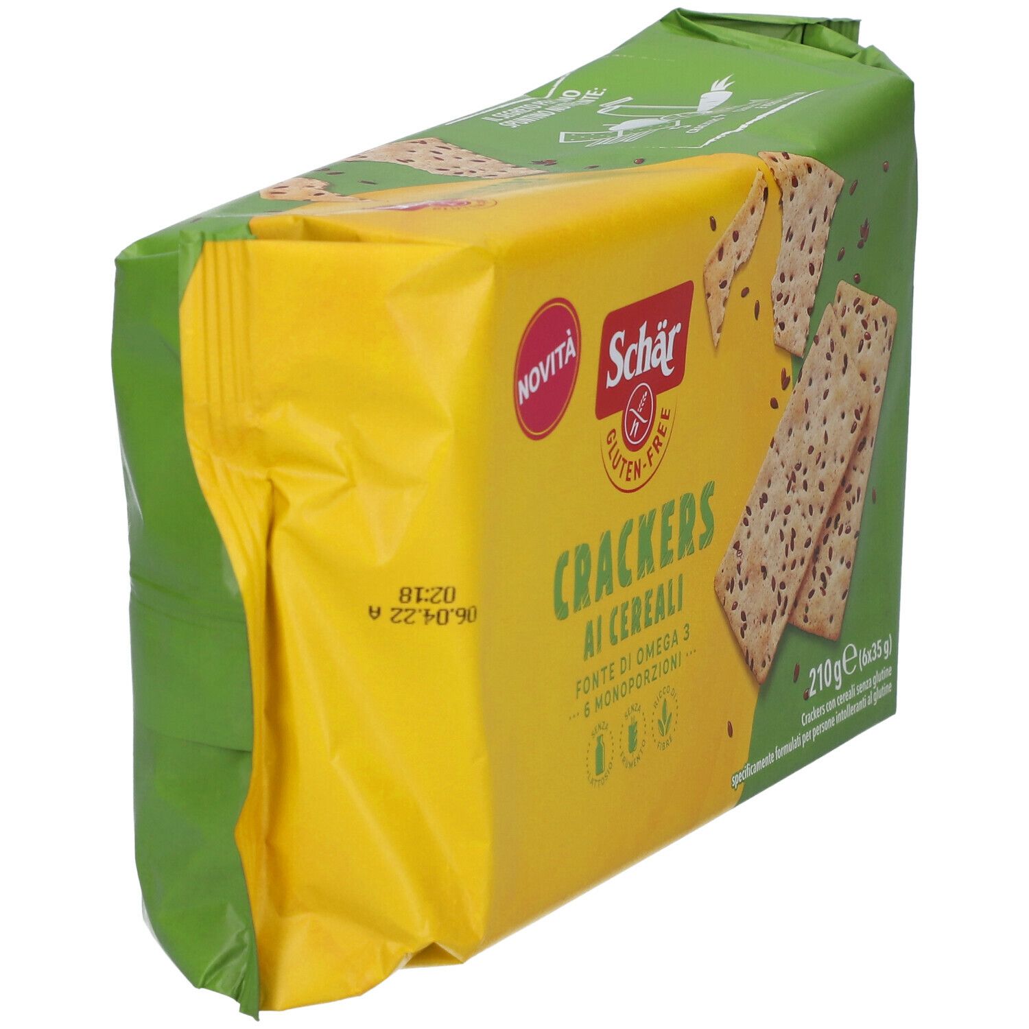 Vista obliqua della confezione di Crackers ai Cereali Schär. Confezione giallo-verde con cracker. Sigillo senza glutine.