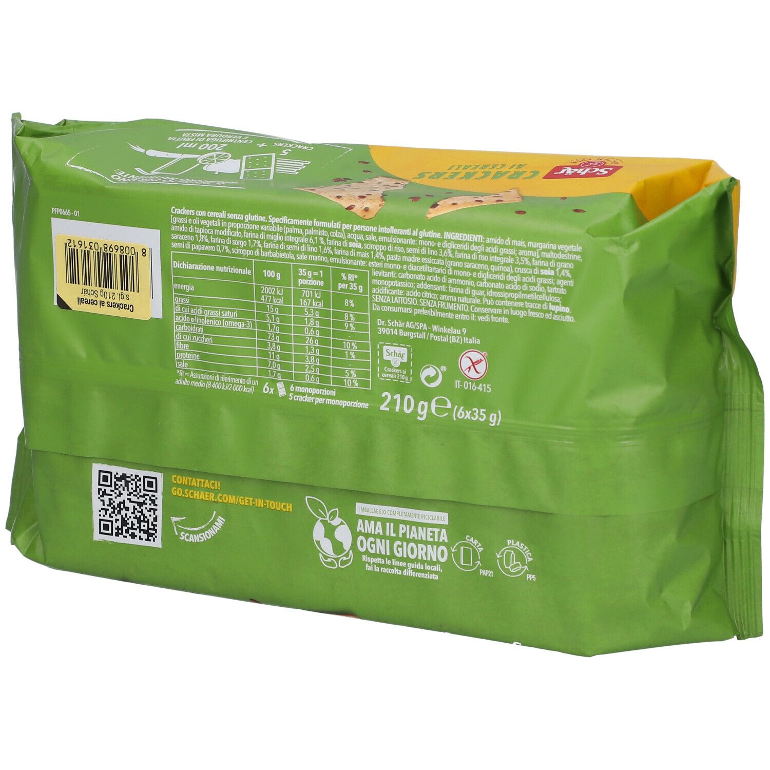 Retro della confezione di Crackers ai Cereali Schär. Confezione verde con informazioni nutrizionali e codice QR. Senza glutine.