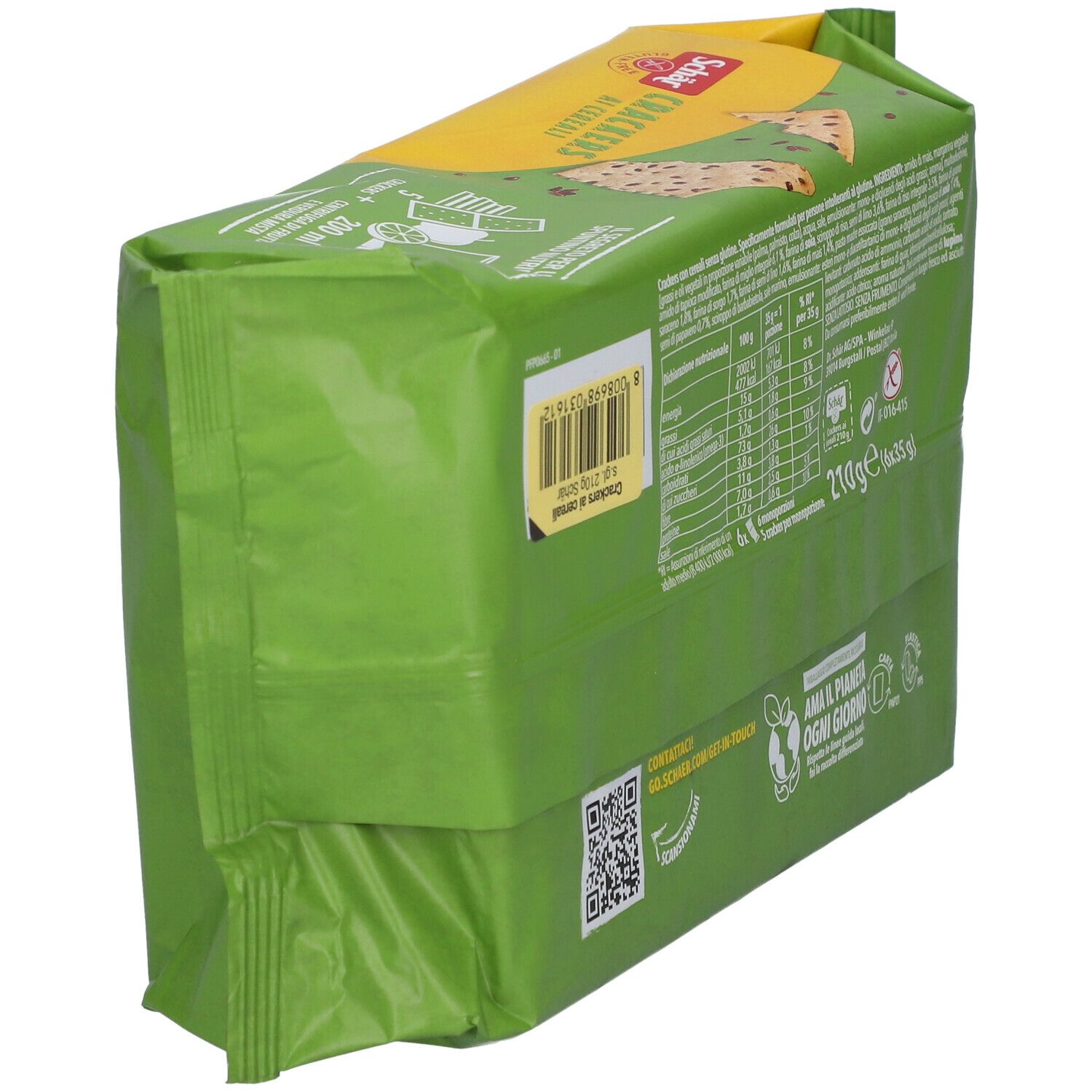 Retro della confezione di Crackers ai Cereali Schär. Confezione verde con informazioni nutrizionali e codice QR. Senza glutine.