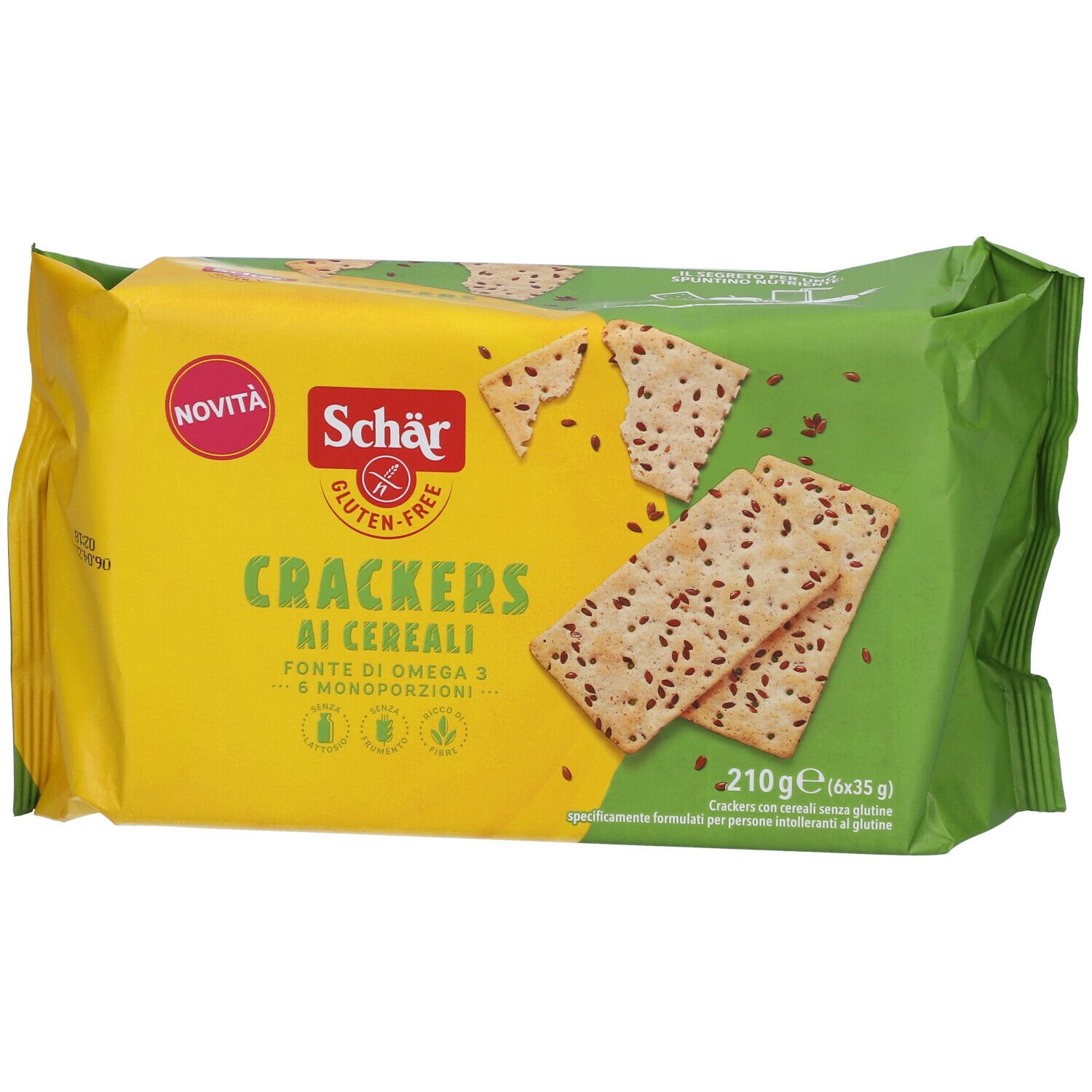 Confezione di Crackers ai Cereali Schär. Confezione giallo-verde con cracker e nome del prodotto. Sigillo senza glutine.