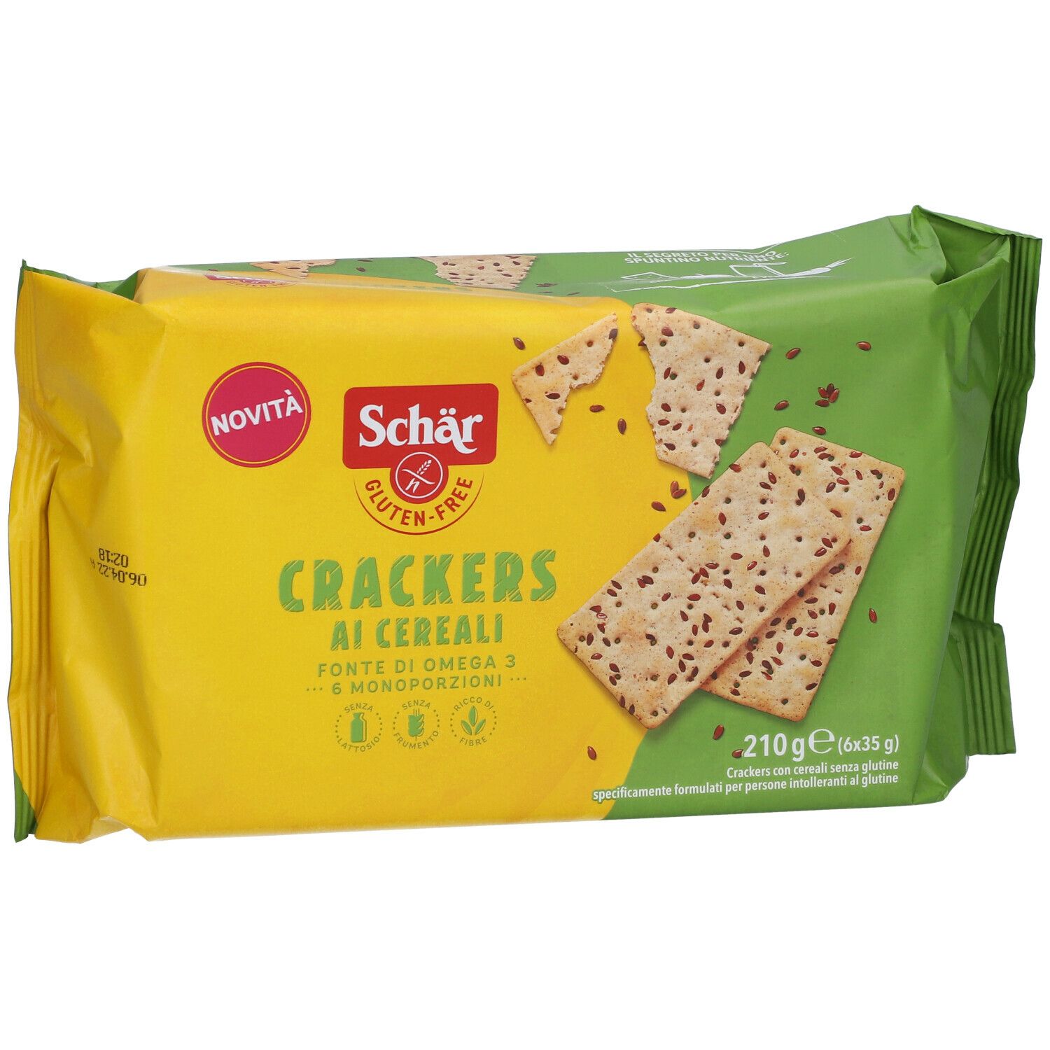 Confezione di Crackers ai Cereali Schär. Confezione giallo-verde con cracker e nome del prodotto. Sigillo senza glutine.