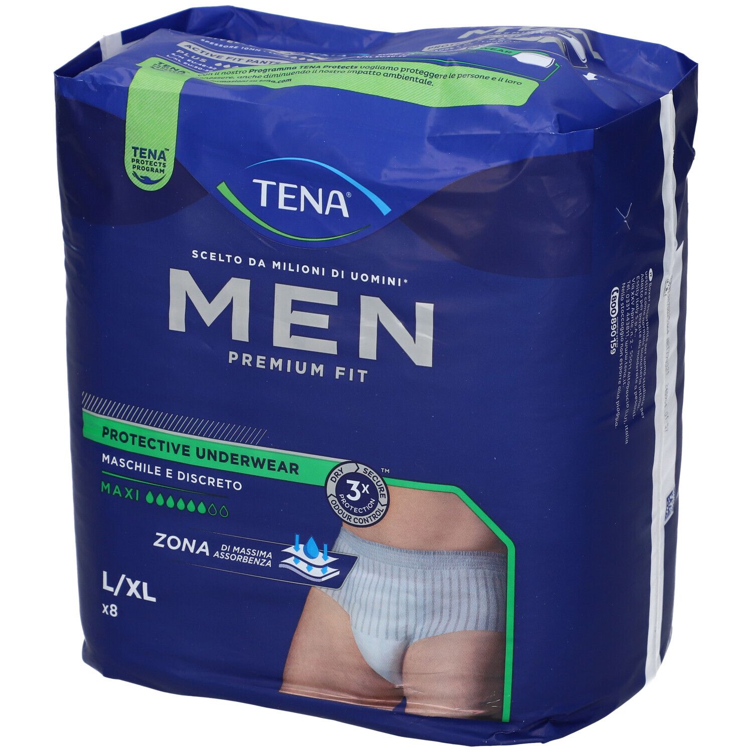 TENA MEN Premium Fit, L/XL, 8 pezzi. Confezione con immagine del prodotto e informazioni.