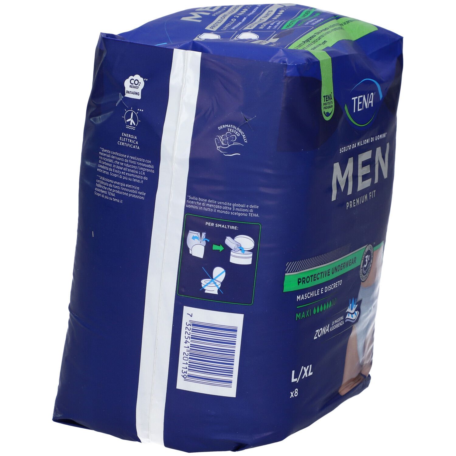 TENA MEN Premium Fit, L/XL, 8 pezzi. Confezione, retro con informazioni e certificazioni.