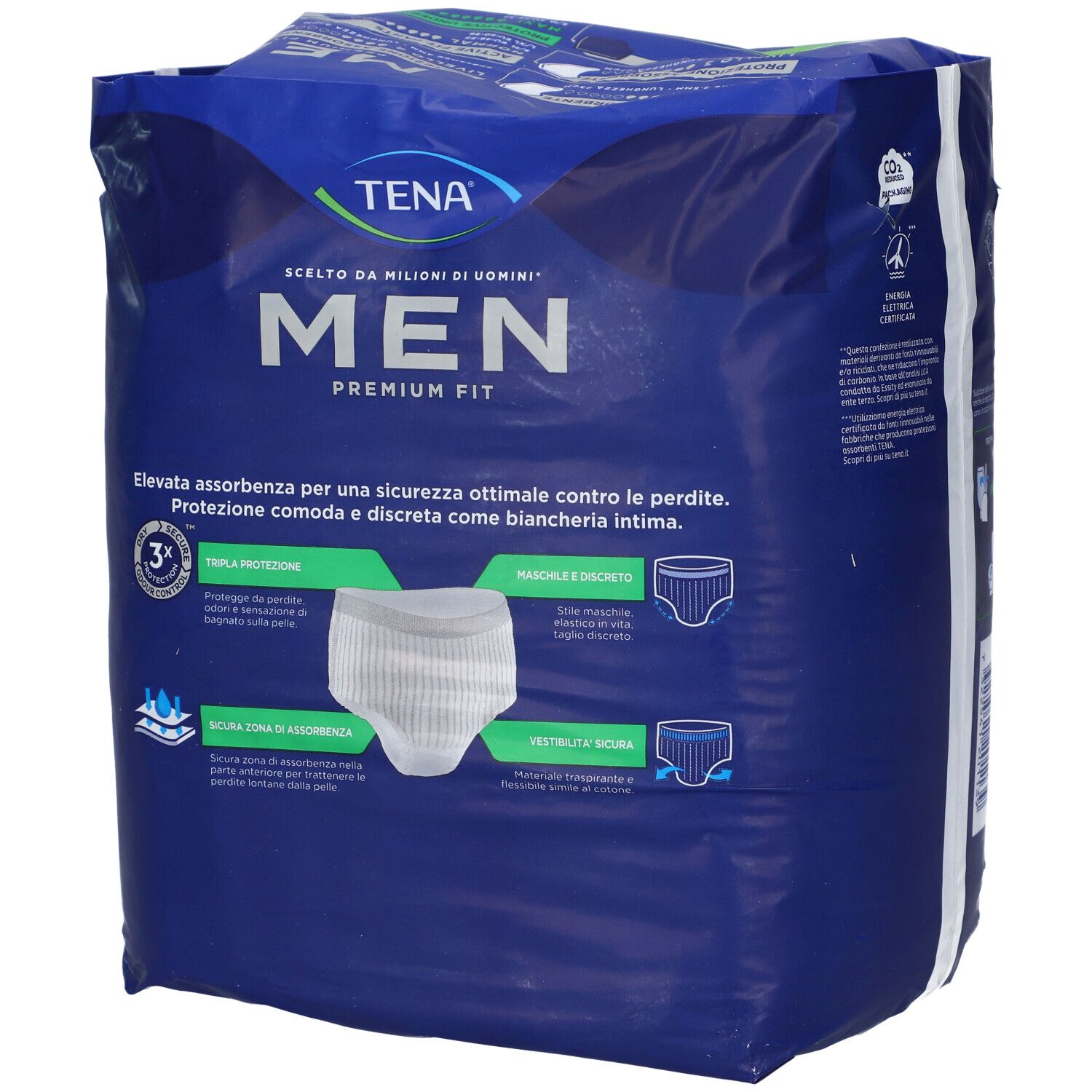 TENA MEN Premium Fit, L/XL, 8 pezzi. Confezione, retro con informazioni e illustrazioni.