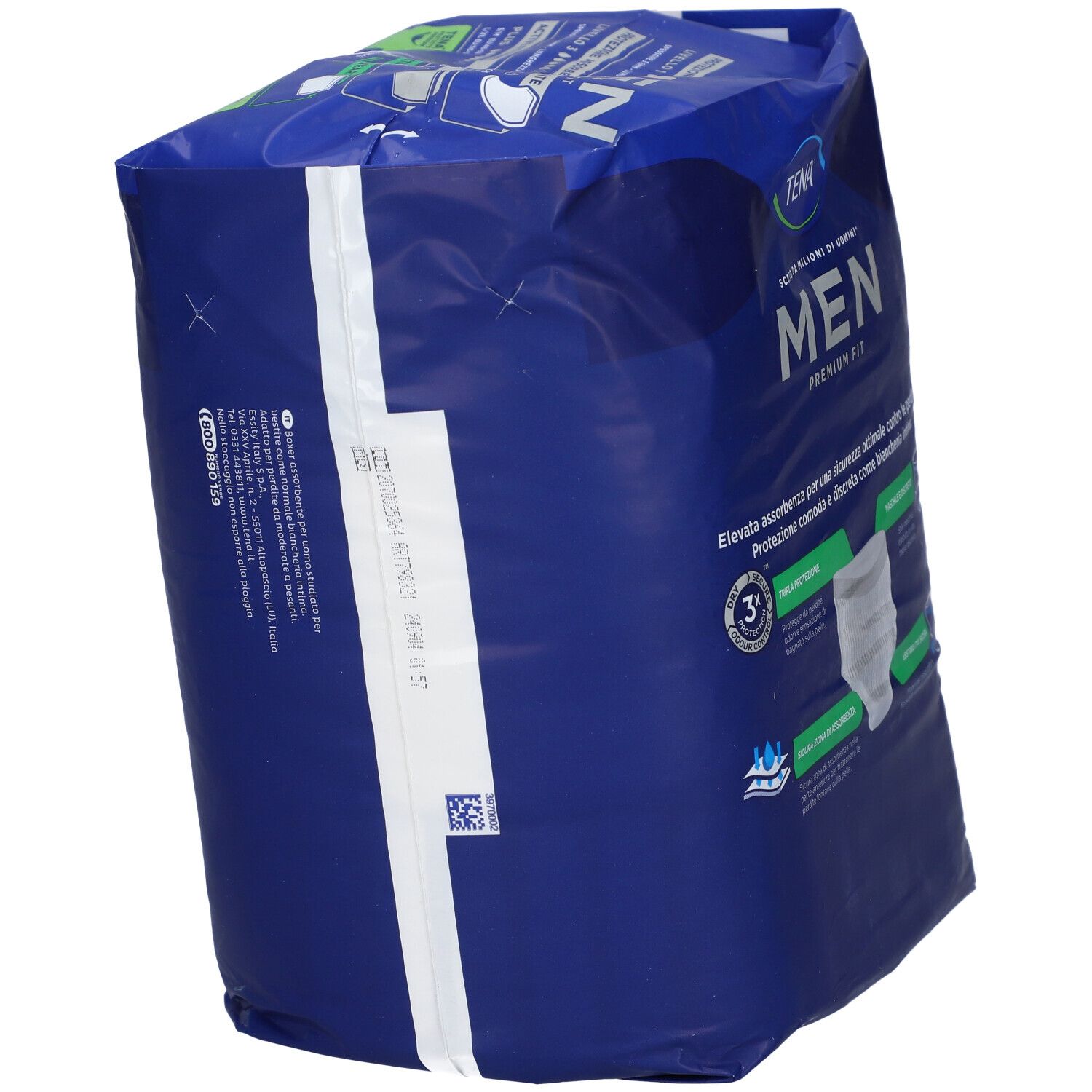 TENA MEN Premium Fit, L/XL, 8 pezzi. Confezione, retro con informazioni e illustrazioni.